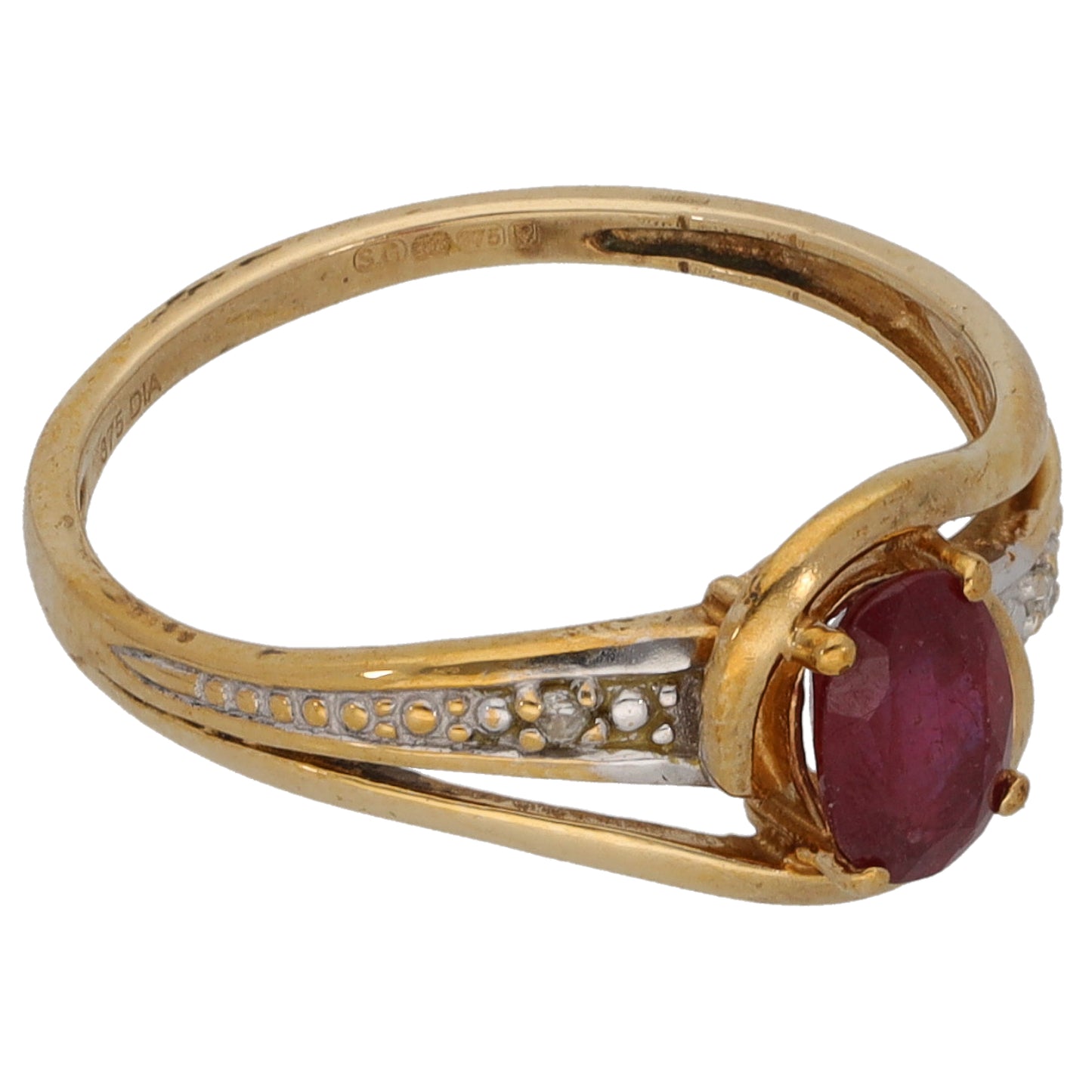 9ct Gold Ruby & 0.01ct Diamond Single Stone Ring With Accents Size L