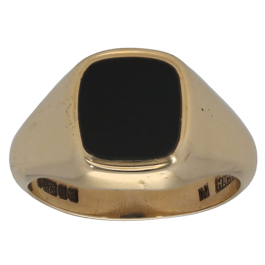 9ct Gold Onyx Patterned Single Stone Signet Ring Size T