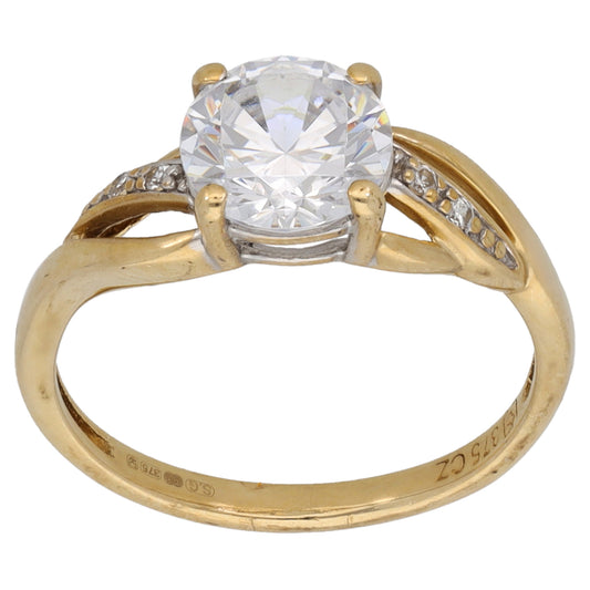 9ct Gold Cubic Zirconia Single Stone Ring with Accent Stones Size K