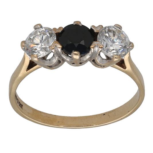 9ct Gold Sapphire & Cubic Zirconia Trilogy Ring Size P