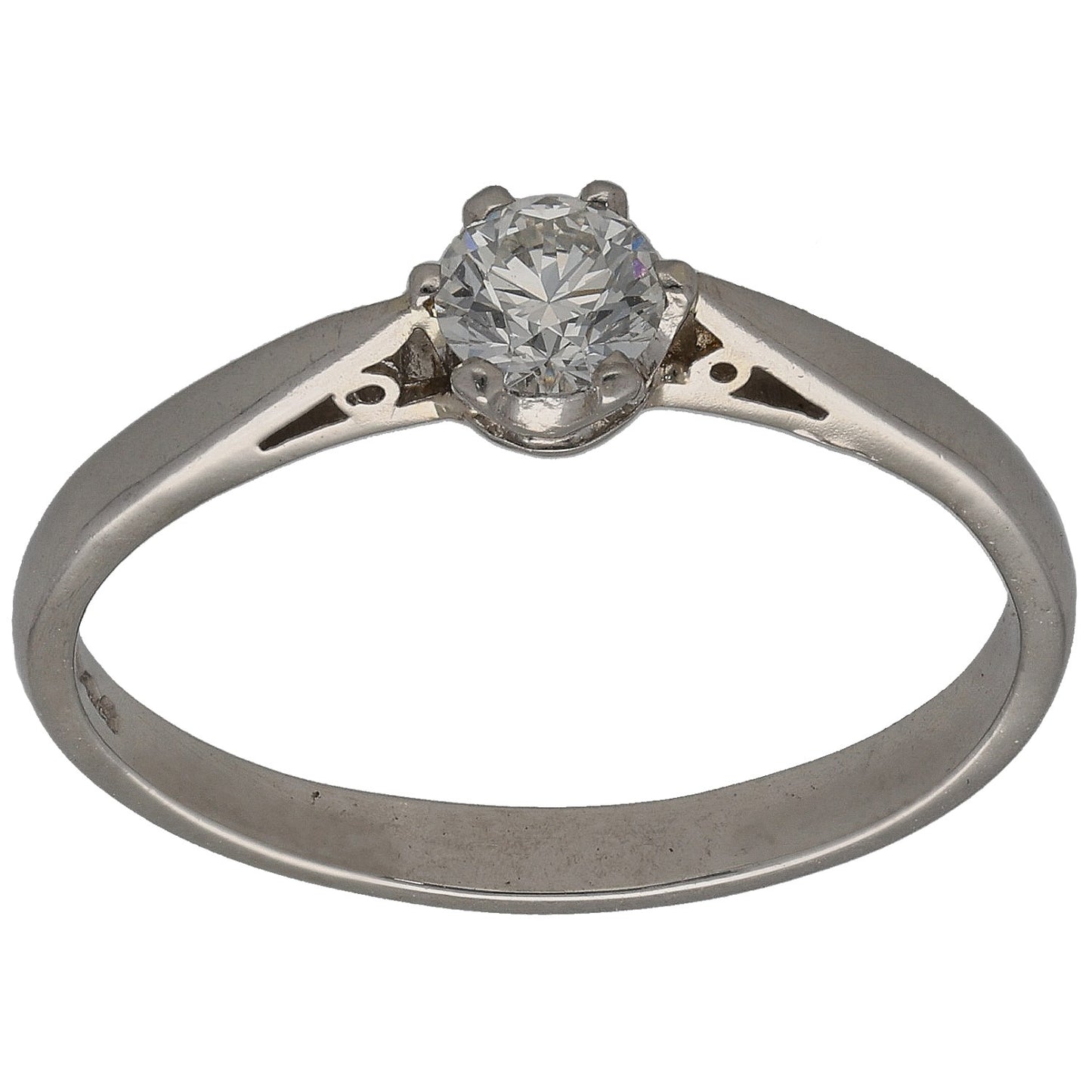 Platinum solitaire ring with round diamond center and openwork side settings