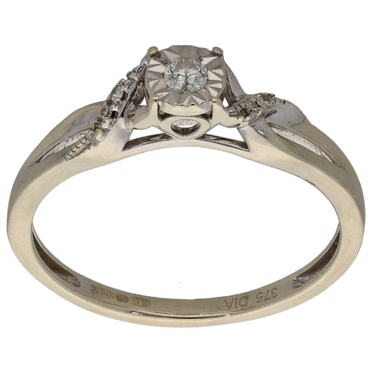 9ct White Gold 0.07ct Diamond Solitaire Ring With Accent Stones Size M