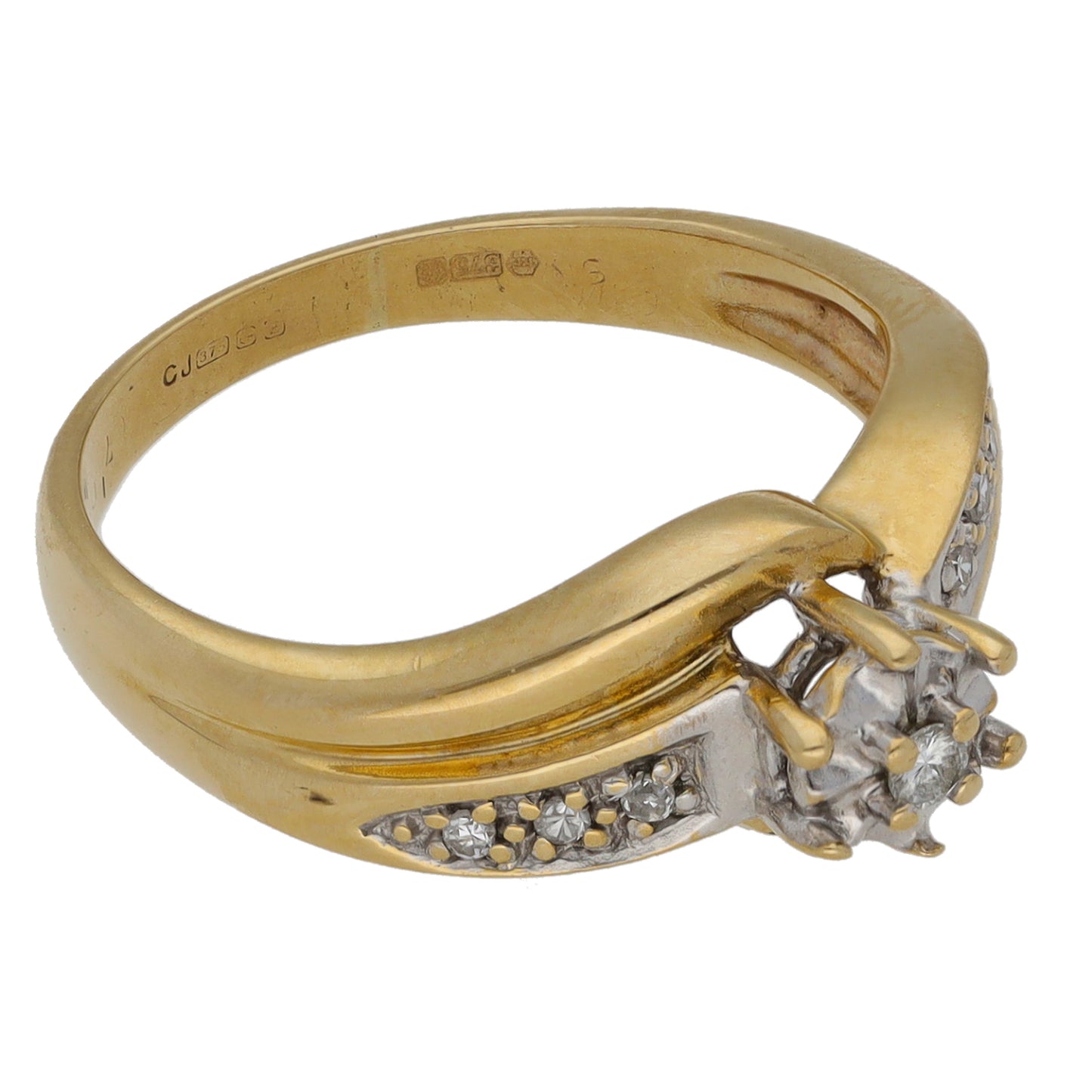 9ct Gold 0.08ct Diamond Solitaire Ring With Accent Stones Size M