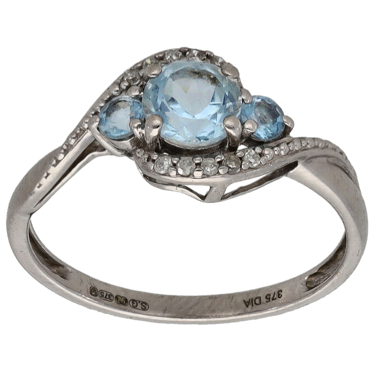 9ct White Gold Aquamarine & 0.05ct Diamond Dress/Cocktail Ring Size L