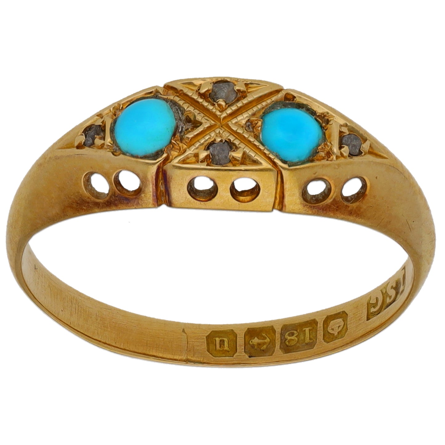 18ct Gold Turquoise & 0.01ct Diamond Stone Set Ring Antique & Vintage Size L