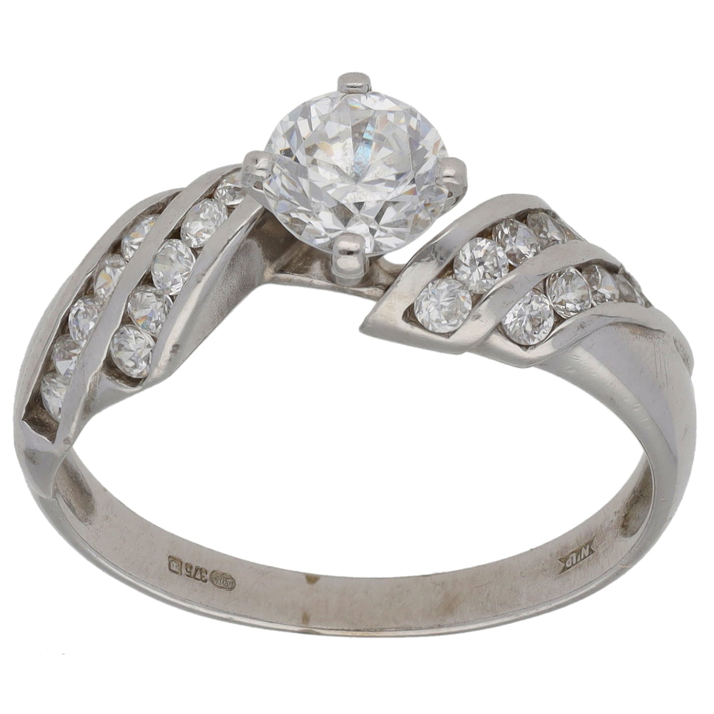 9ct White Gold Cubic Zirconia Single Stone Ring with Accent Stones Size O