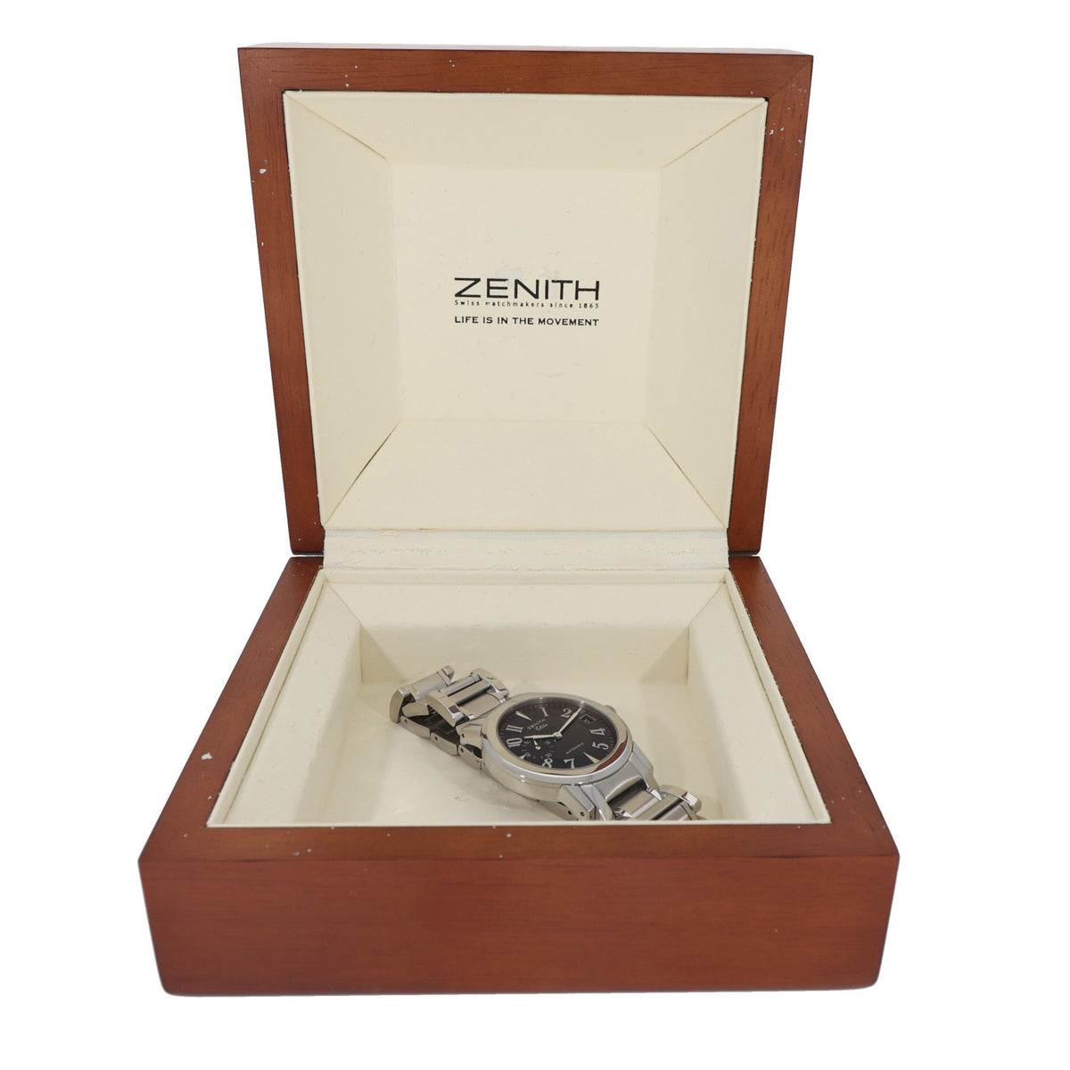 Zenith Port Royal V Elite 02.0450.680, black dial with 37mm stainless steel case and link bracelet, box image