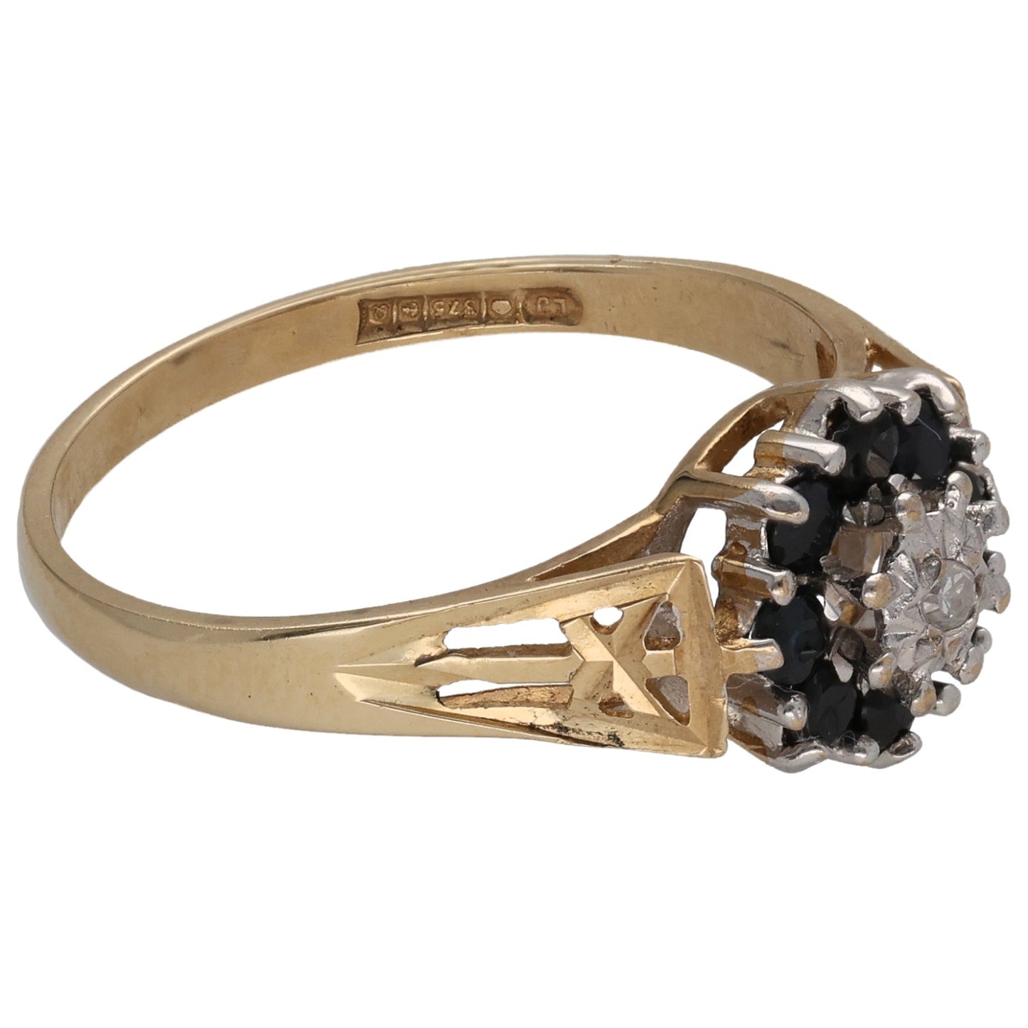 9ct Gold Sapphire & 0.03ct Diamond Cluster Ring Size R