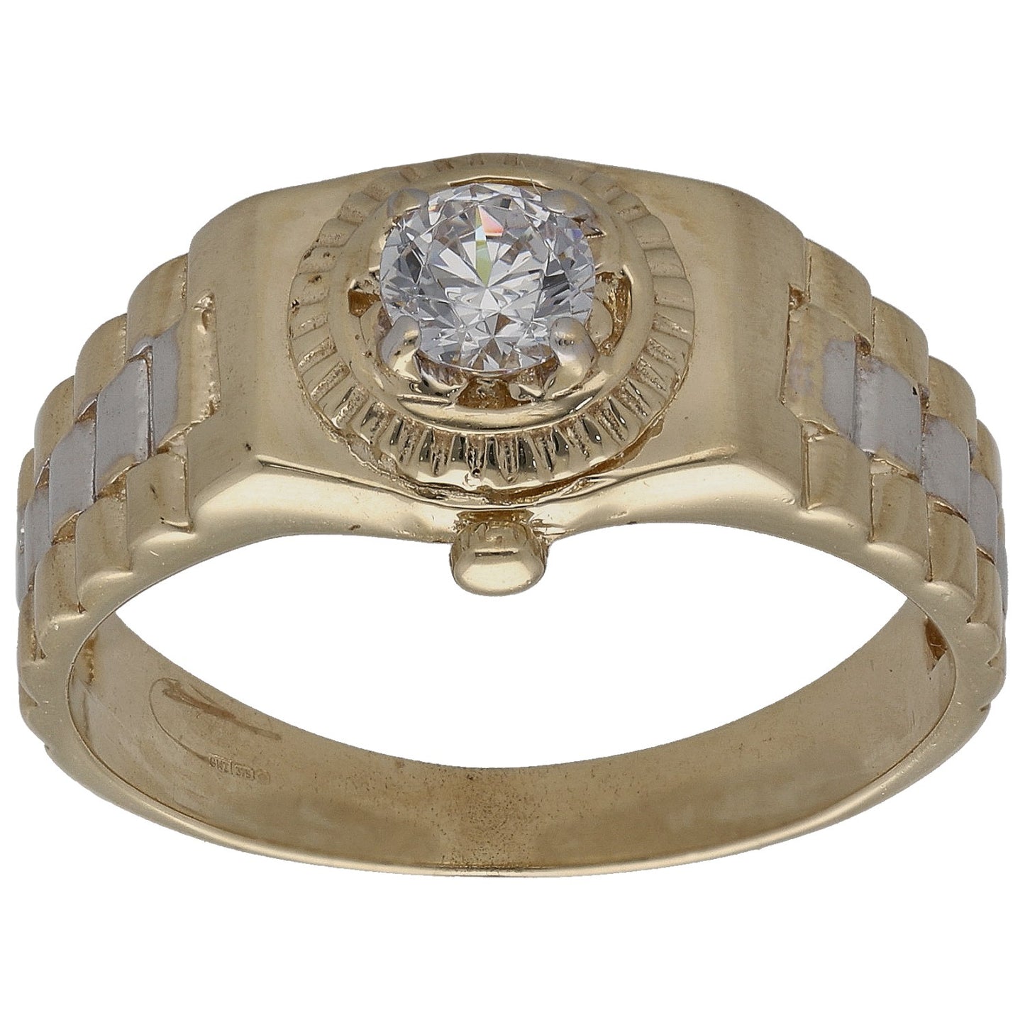 Gold-tone ring with round CZ center stone and halo detail on the band