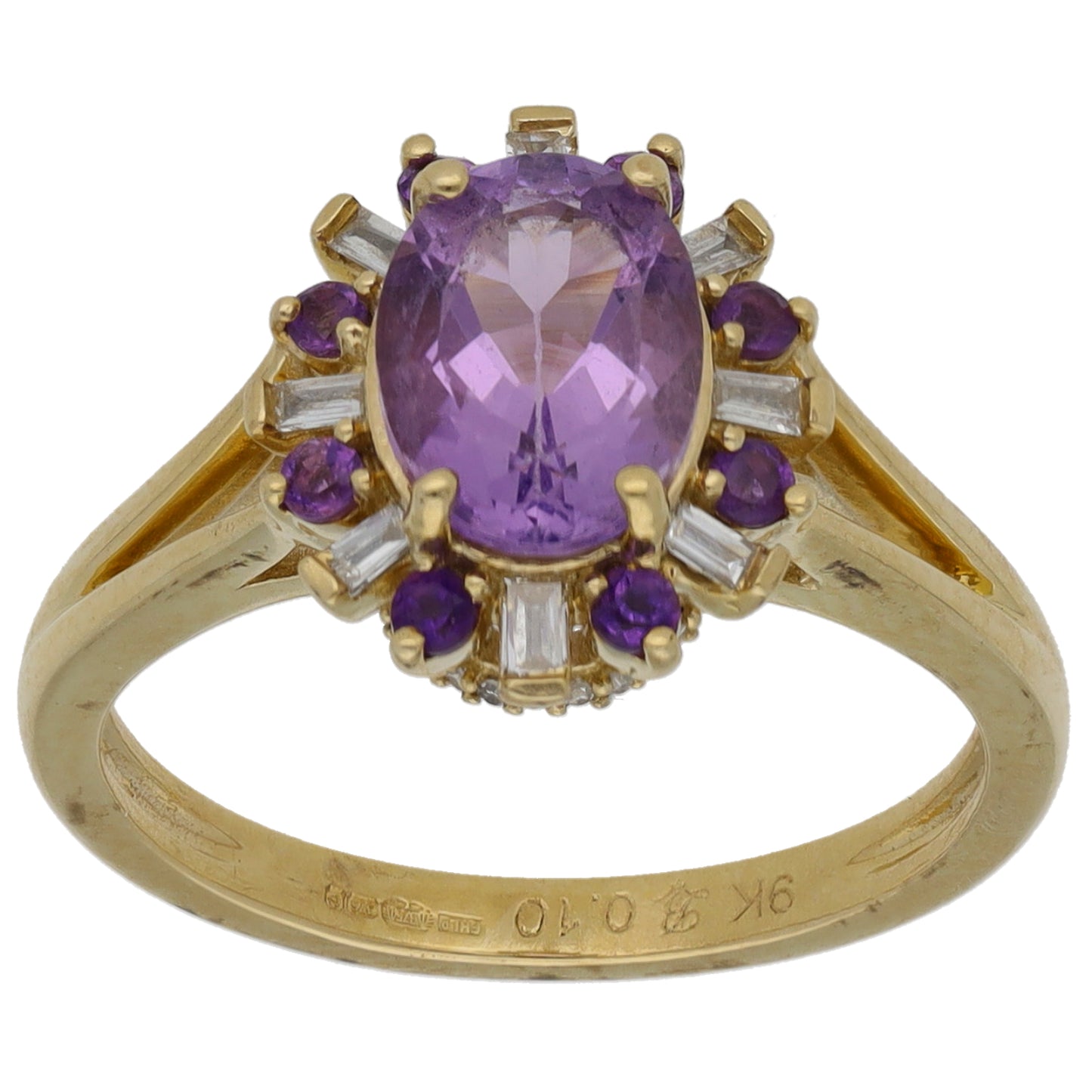 9ct Gold Amethyst & 0.10ct Diamond Dress/Cocktail Ring Size K