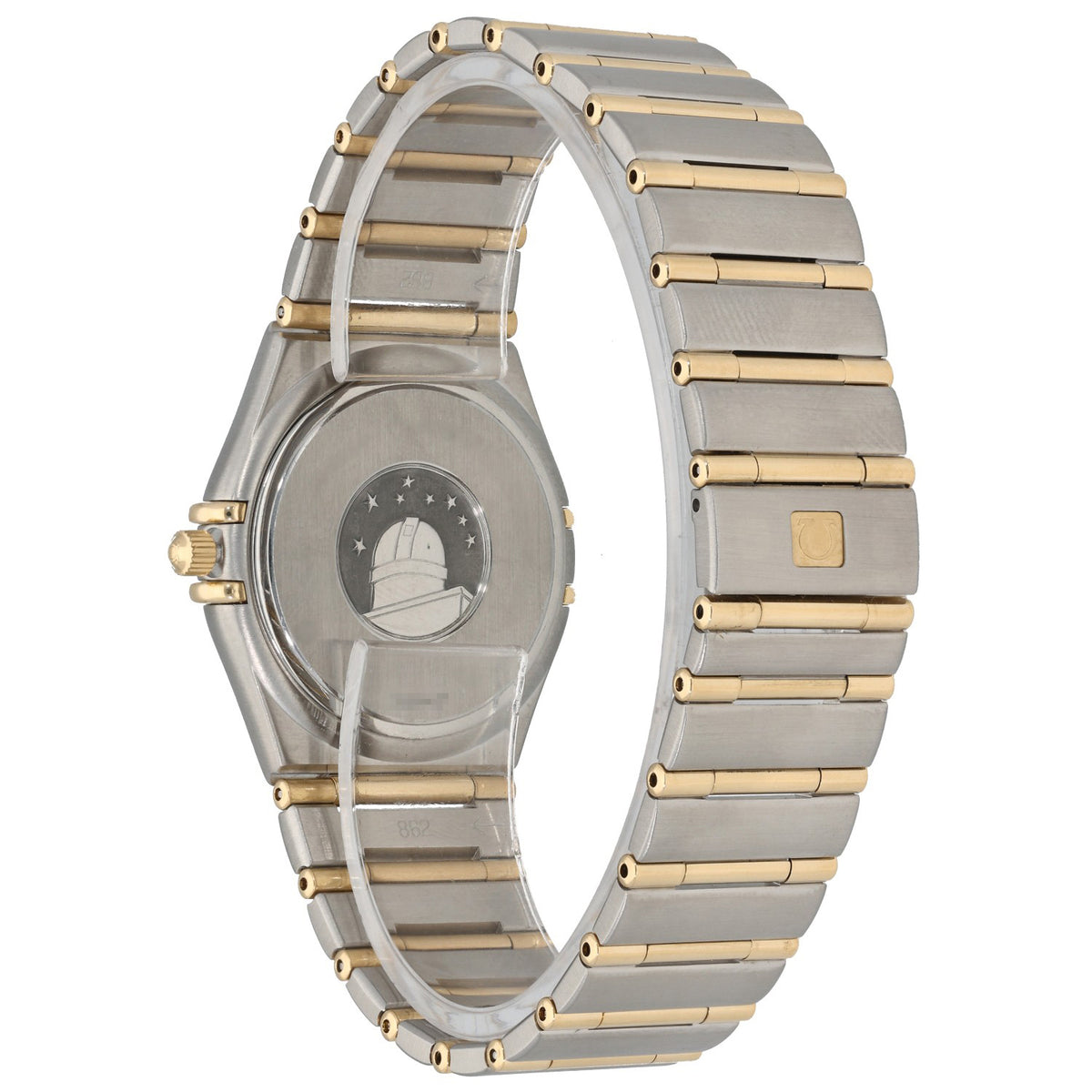 Omega Constellation 1212.30.00,with a gold and stainless steel bezel and bracelet, rear angle