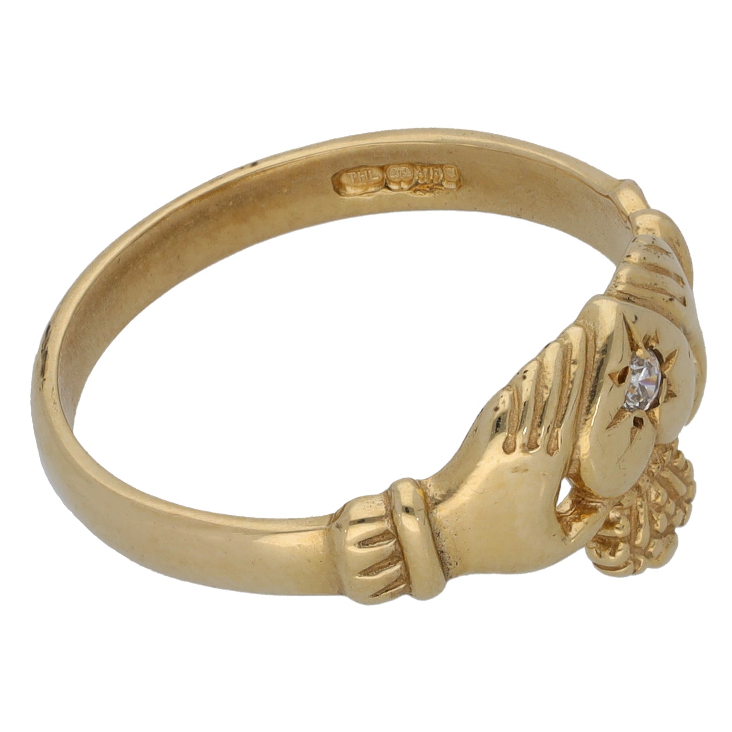 9ct Gold Cubic Zirconia Single Stone Claddagh Ring Size O