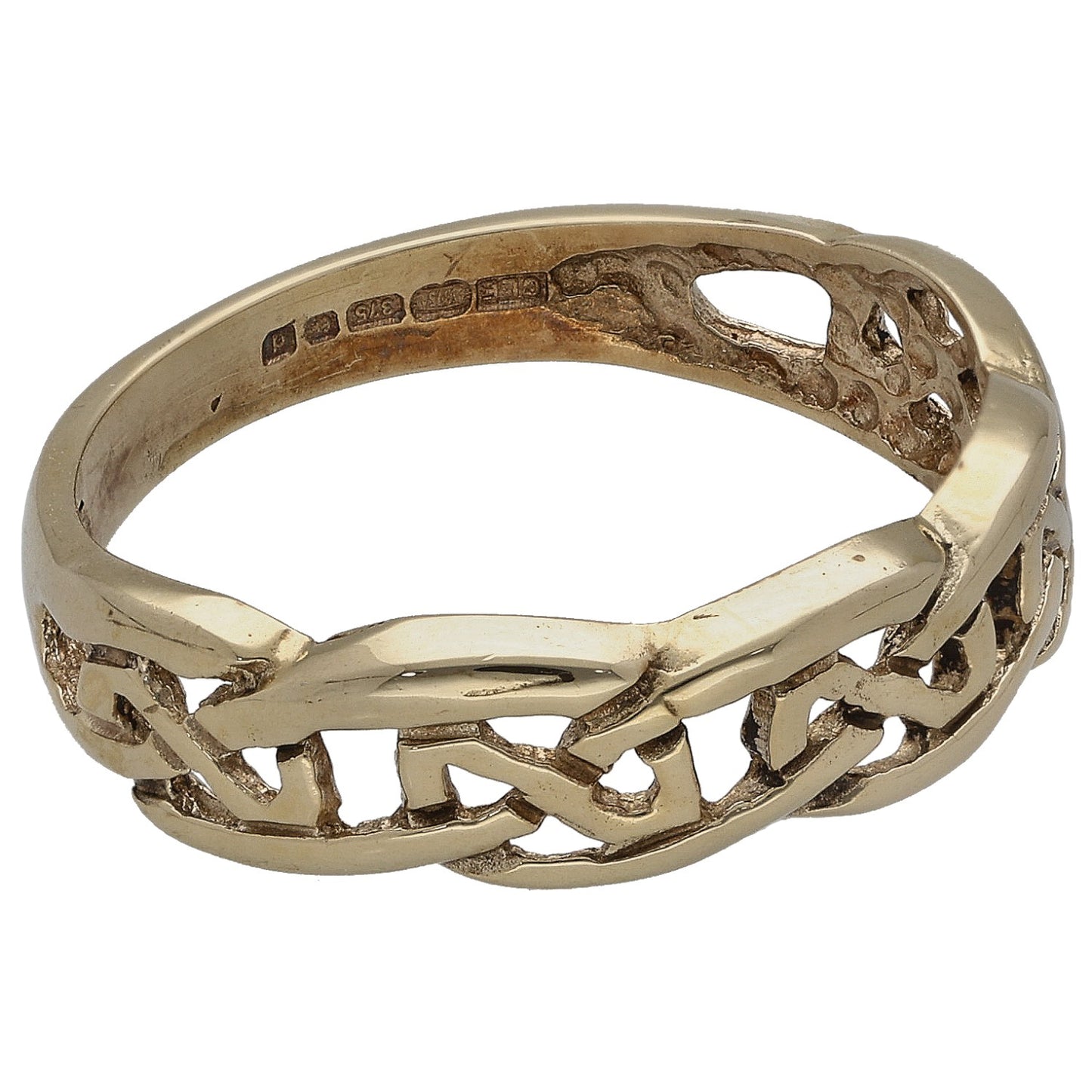 Gold-tone ring with braided link design and engraved inner band, open cutout edges