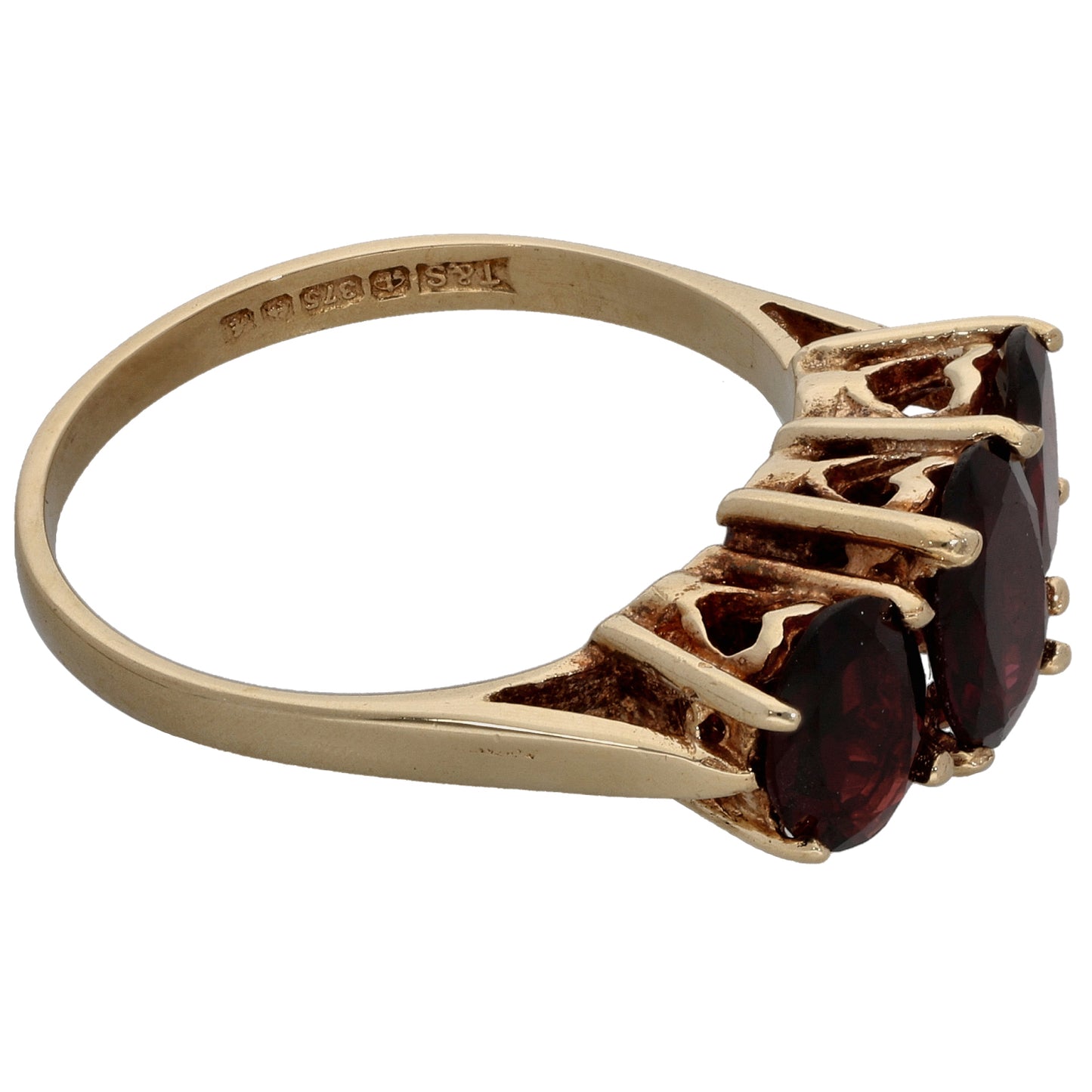 9ct Gold Garnet Three Stone Ring Size P