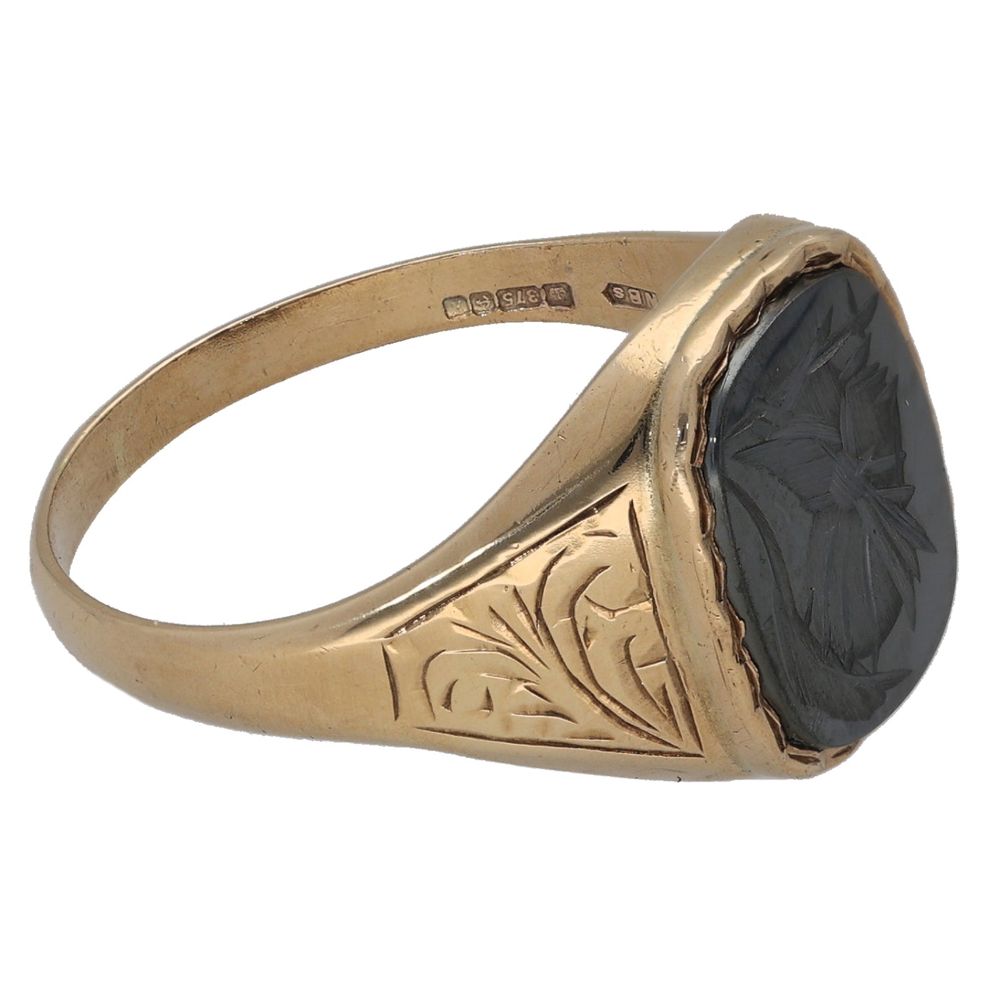9ct Gold Hematite Emblem Single Stone Signet Ring Size S