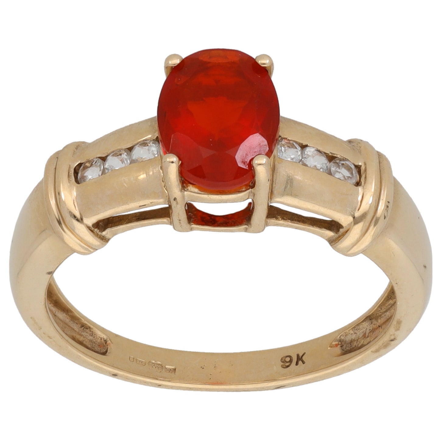 9ct Gold Fire Opal & Sapphire Single Stone Ring with Accent Stones Size O