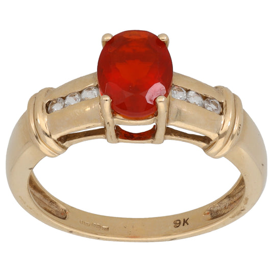 9ct Gold Fire Opal & Sapphire Single Stone Ring with Accent Stones Size O