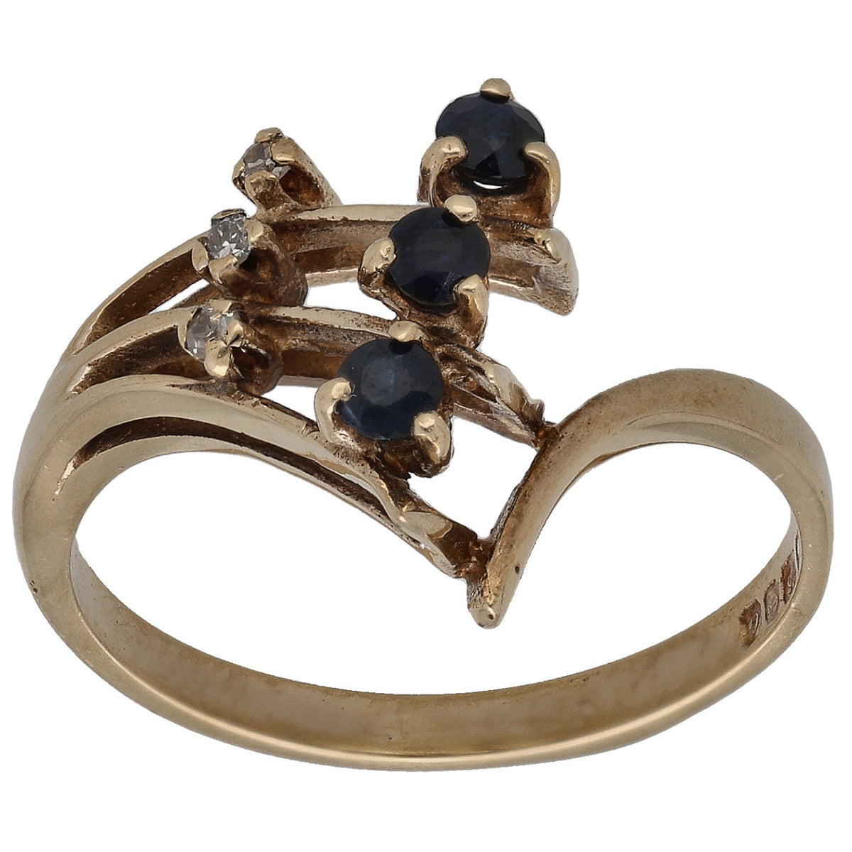 Gold dress ring with three dark blue sapphire cluster and round diamond accents.