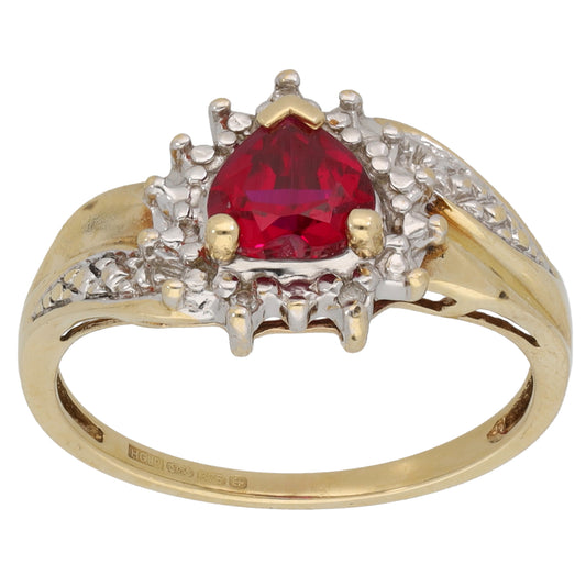 9ct Gold Man Made Ruby & 0.015ct Diamond Dress/Cocktail Ring Size O