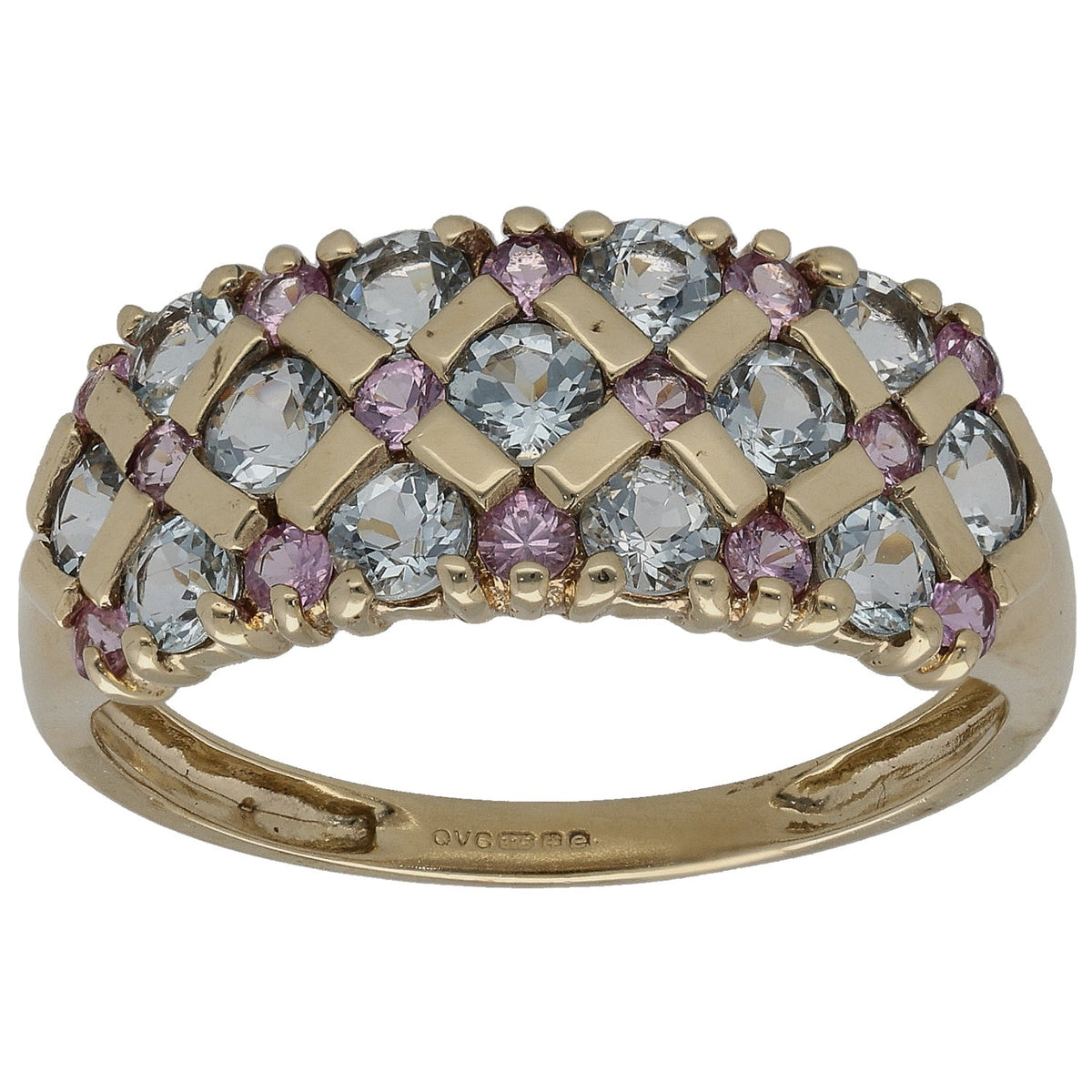 9ct gold cocktail ring with aquamarine-blue oval stones and purple accents, curved top