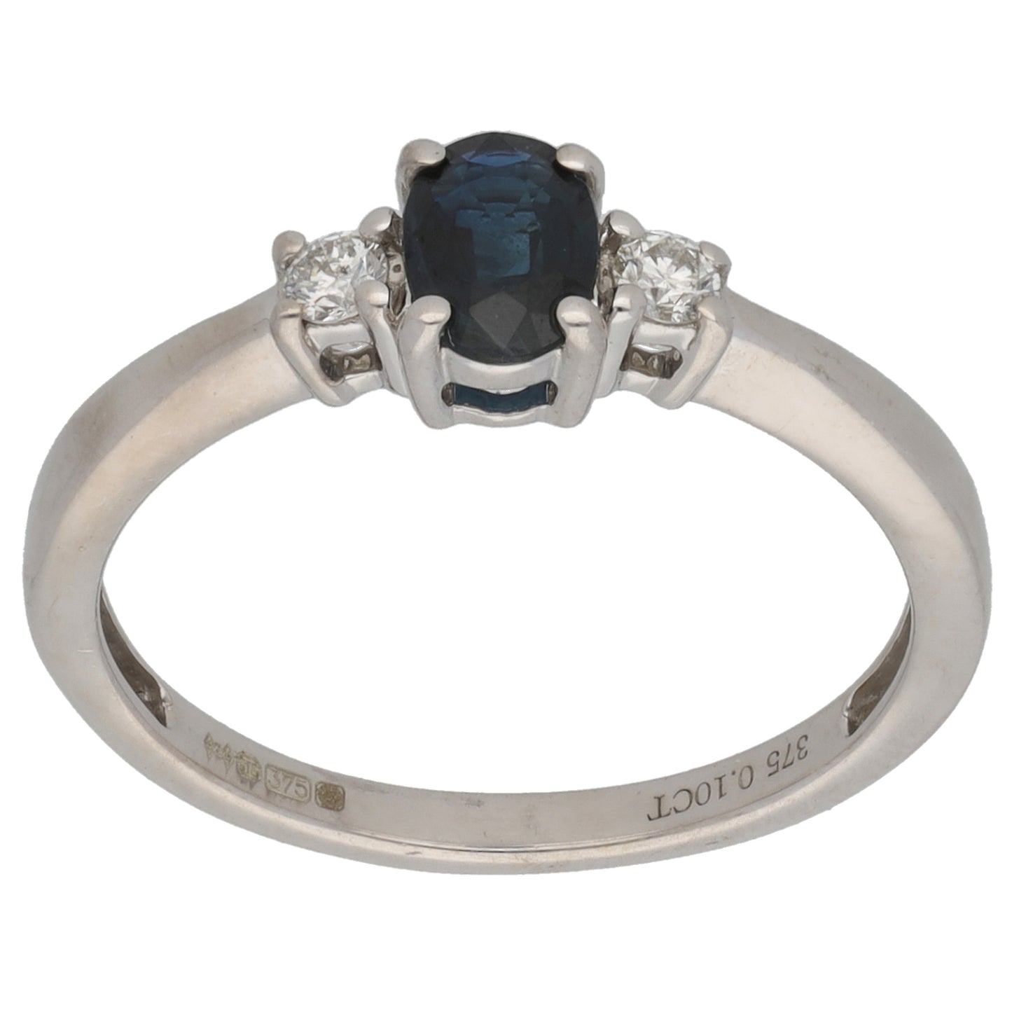 9ct White Gold Sapphire & 0.10ct Diamond Trilogy Ring Size N