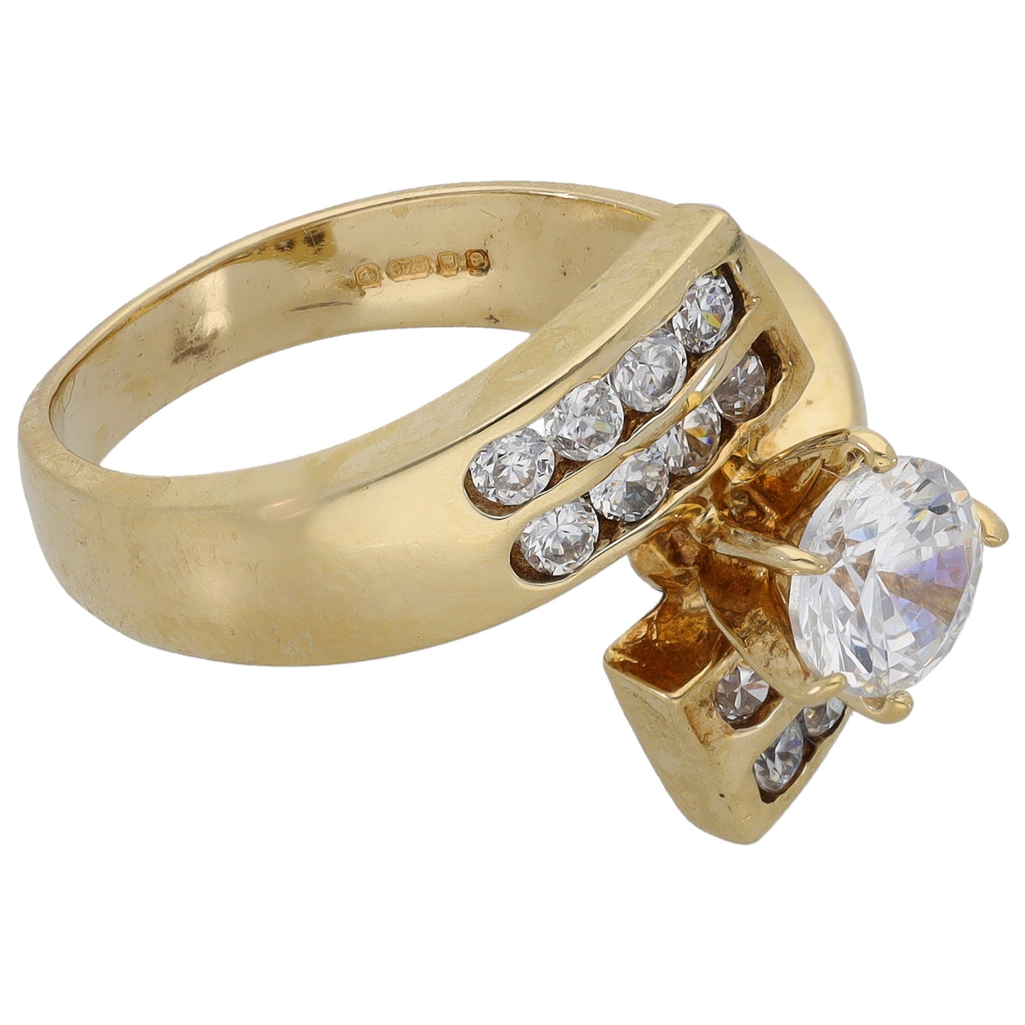9ct Gold Cubic Zirconia Single Stone Ring with Accent Stones Size N