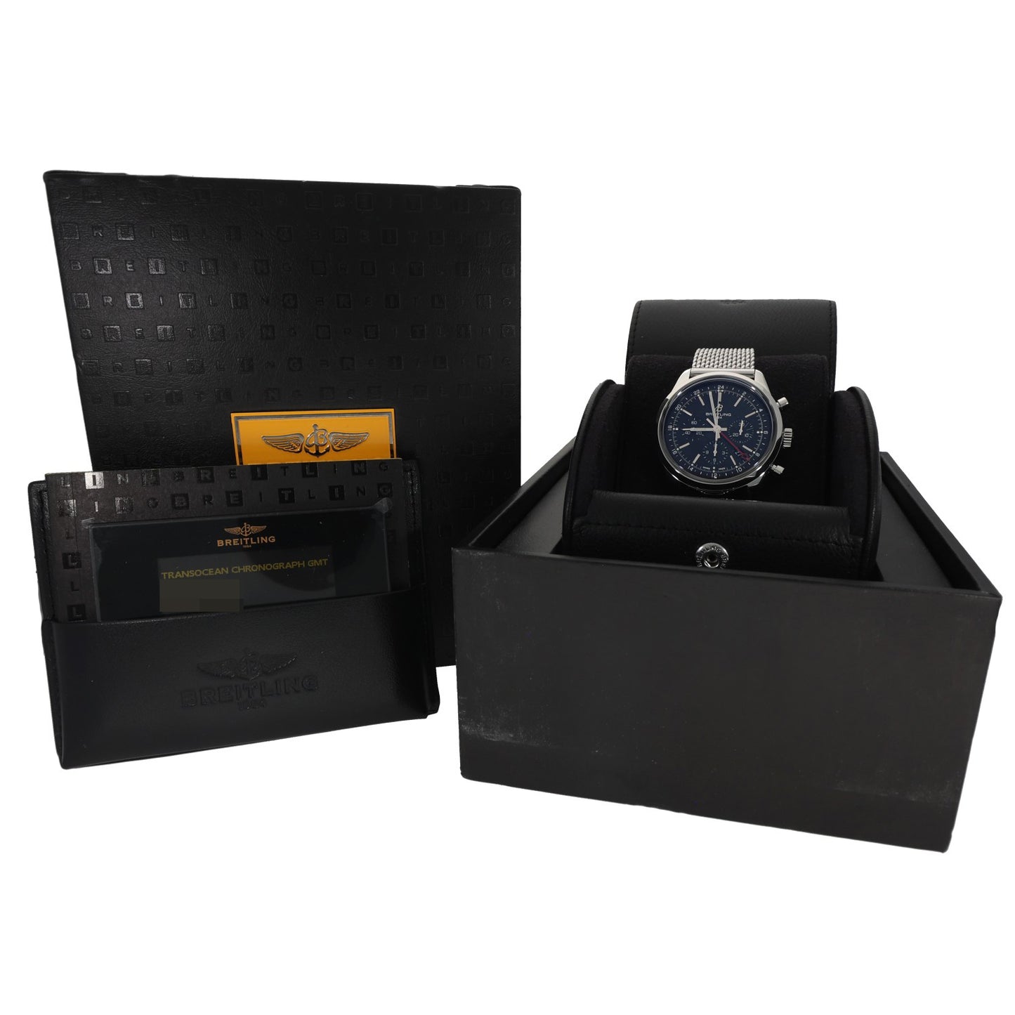 Breitling Transocean Chronograph GMT AB0451, black dial with subdials in Breitling box, with travel case