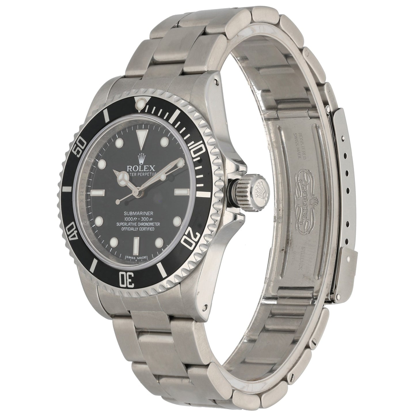 Rolex Submariner 14060M, black dial and bezel on an Oyster bracelet, front image, front angled image