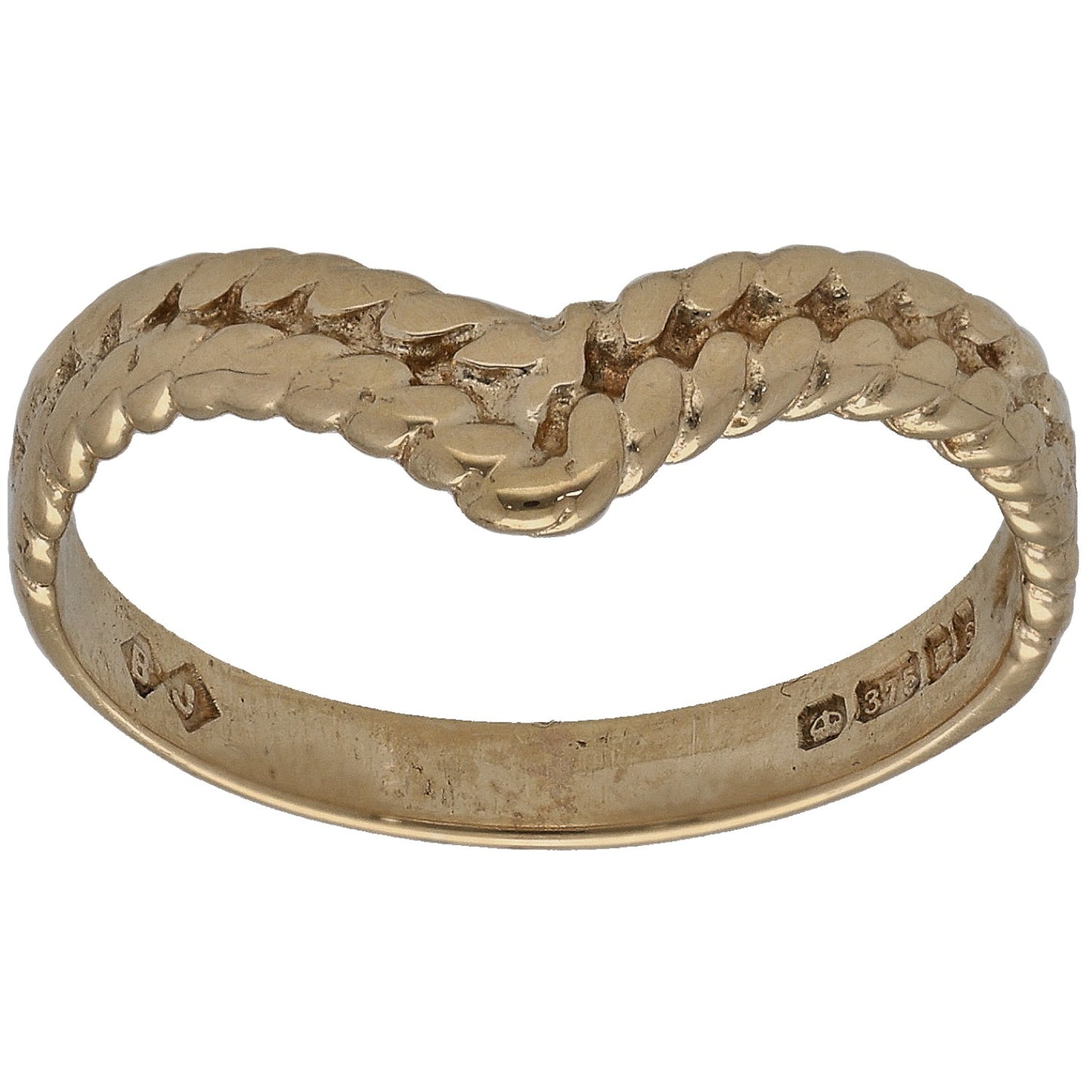 9ct gold wishbone ring with textured knot-like center detail