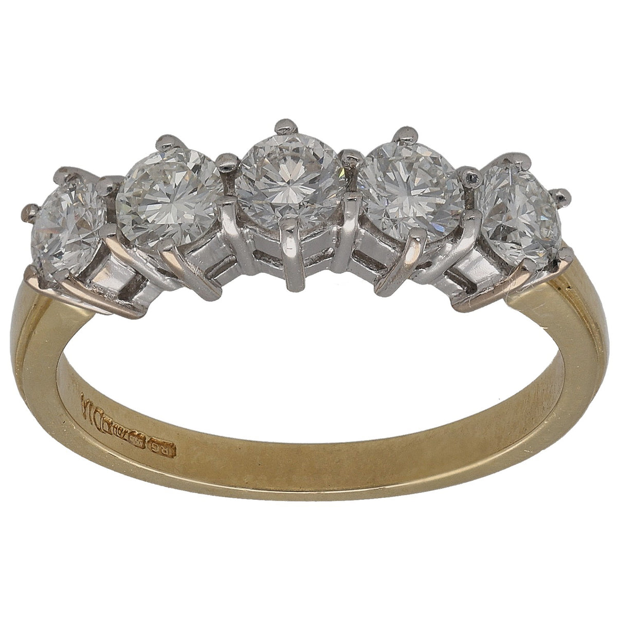 Gold half eternity ring with five round diamonds in raised settings