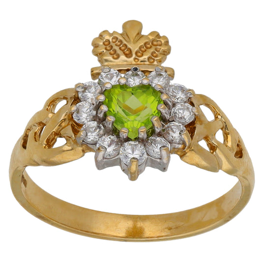 9ct Gold Peridot & Cubic Zirconia Claddagh Ring Size R