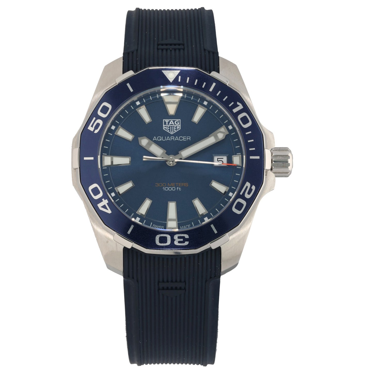 Tag Heuer Aquaracer WAY111C, blue dialed watch with darker blue rubber bracelet