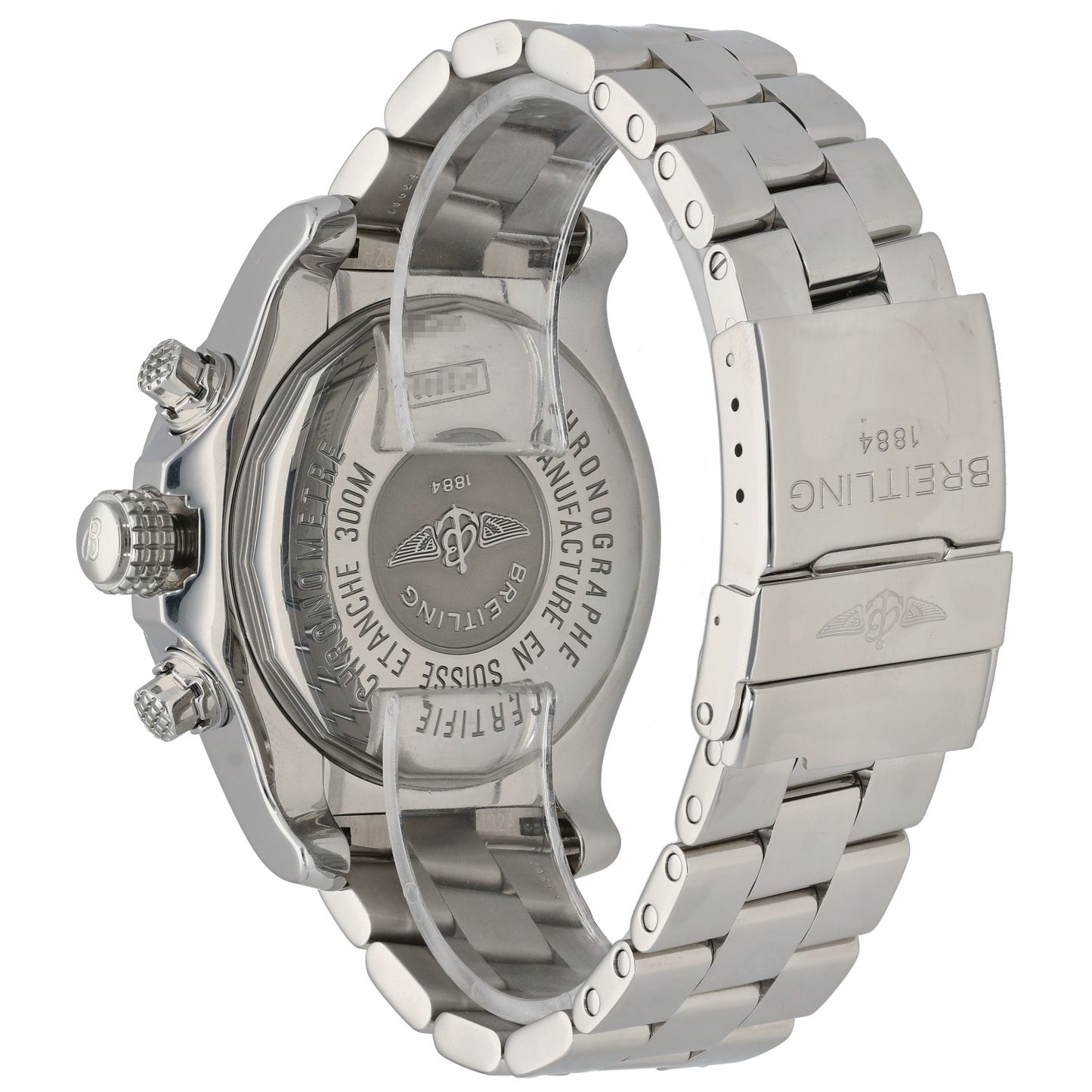 Breitling Avenger stainless steel watch back with engraved case and metal bracelet