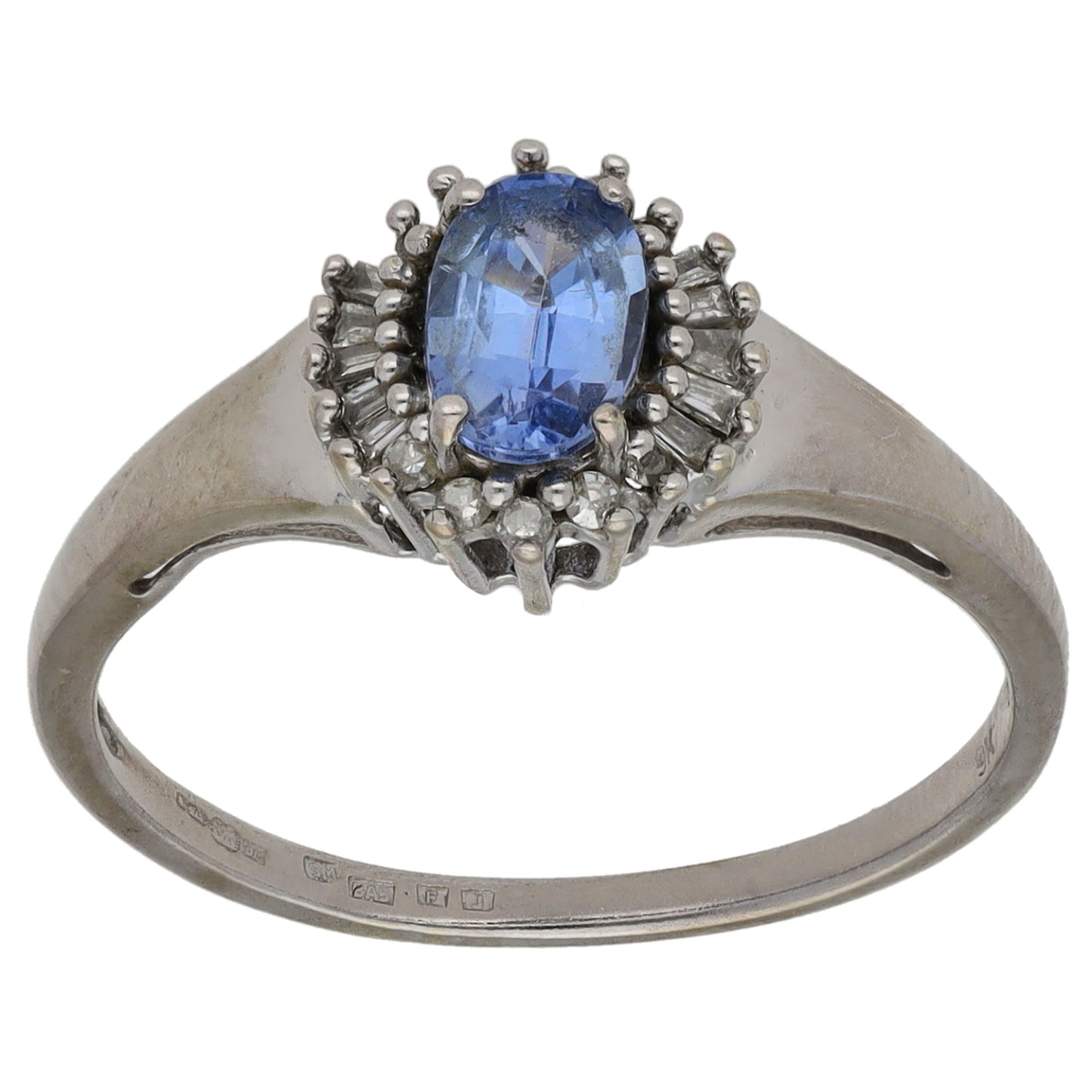 9ct White Gold Sapphire & 0.15ct Diamond Dress/Cocktail Ring Size O