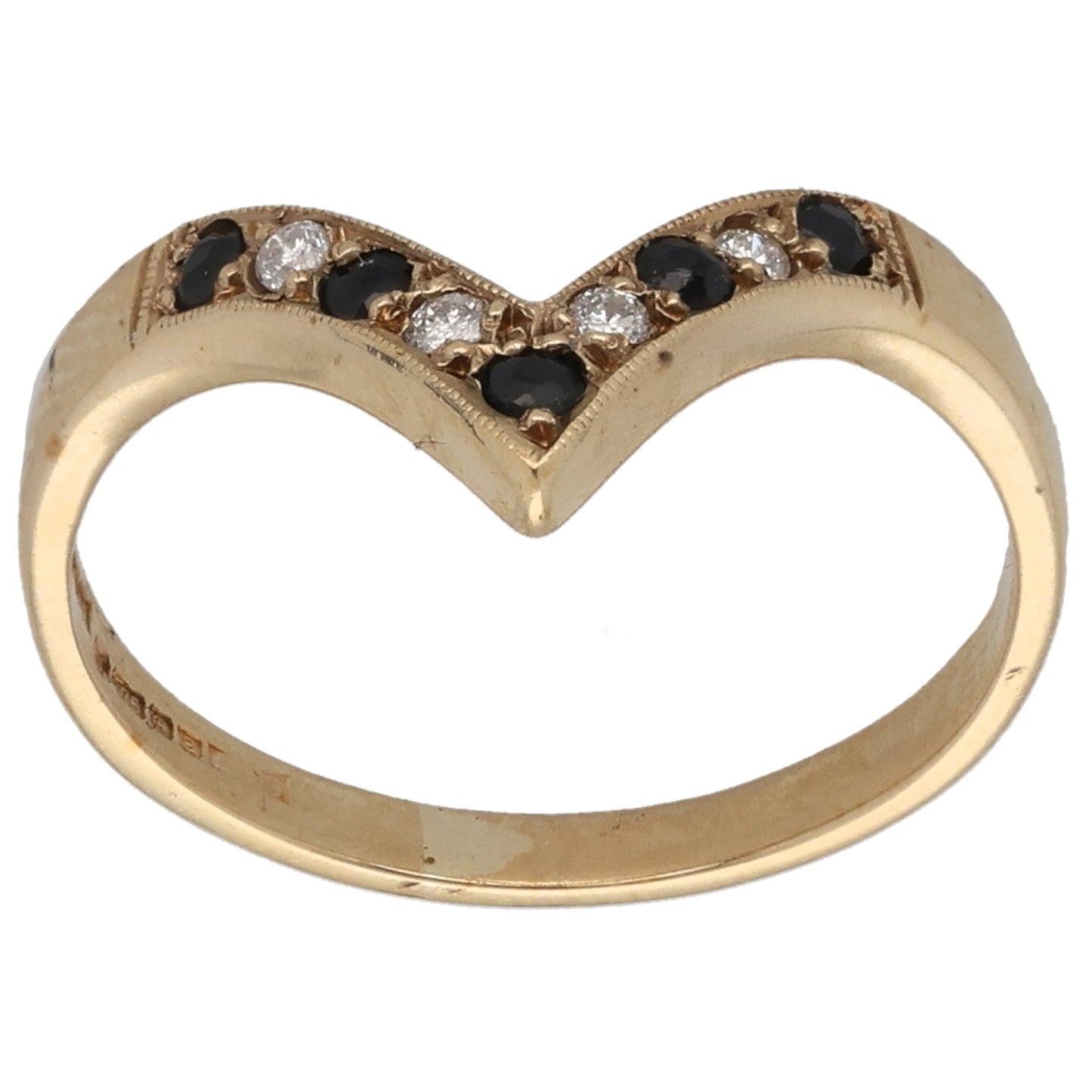 9ct Gold Sapphire & 0.08ct Diamond Wishbone Ring Size Q