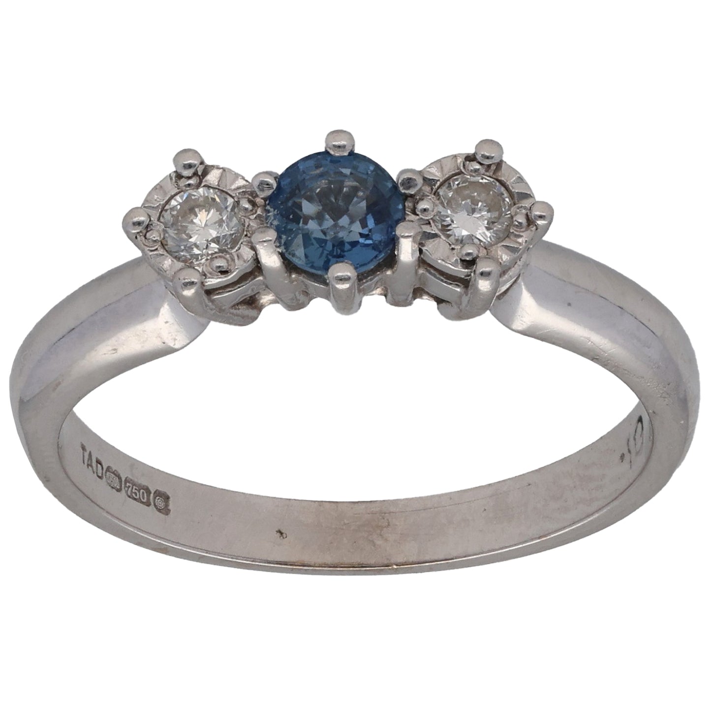 18ct White Gold Sapphire & 0.10ct Diamond Trilogy Ring Size M