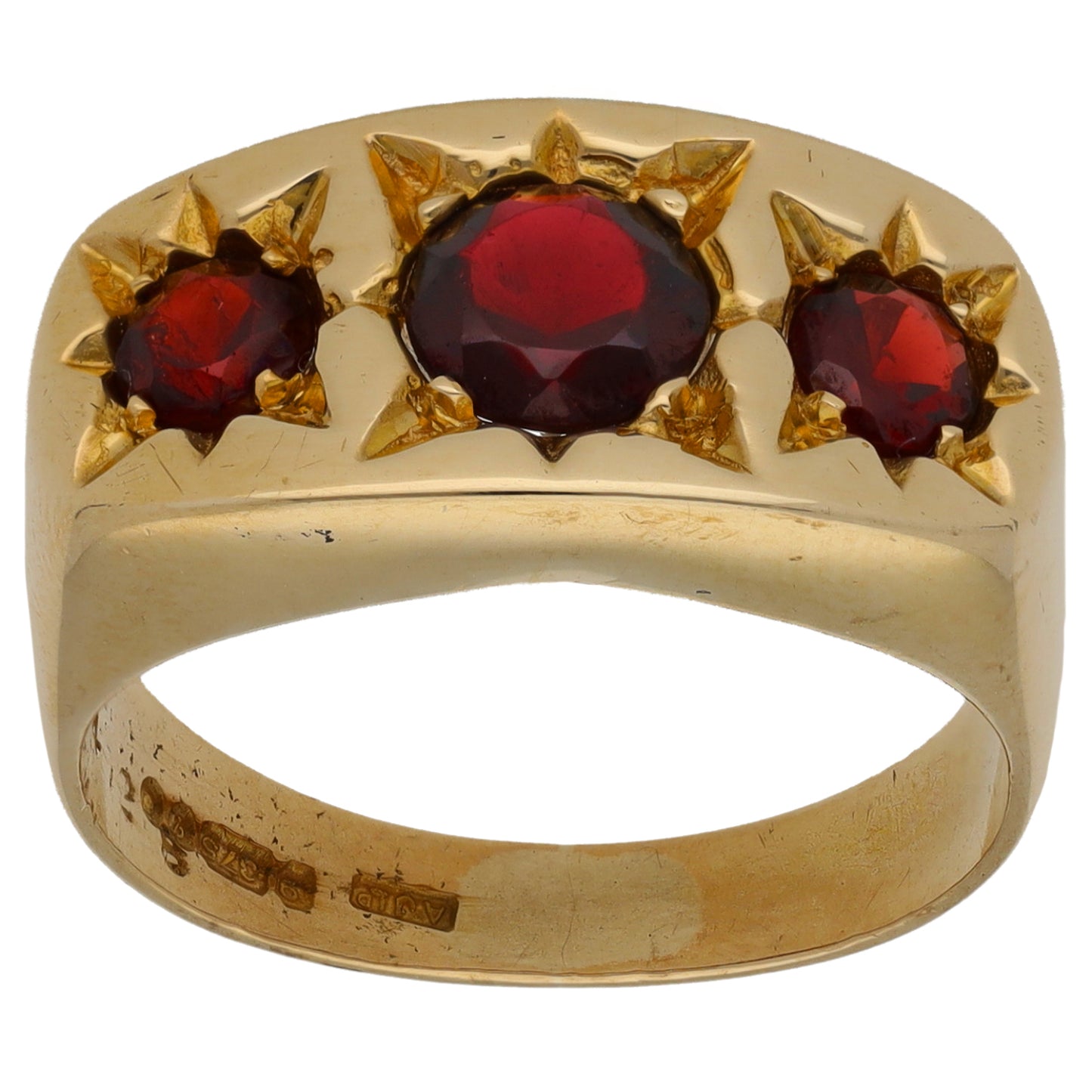 9ct Gold Garnet Three Stone Ring Size O