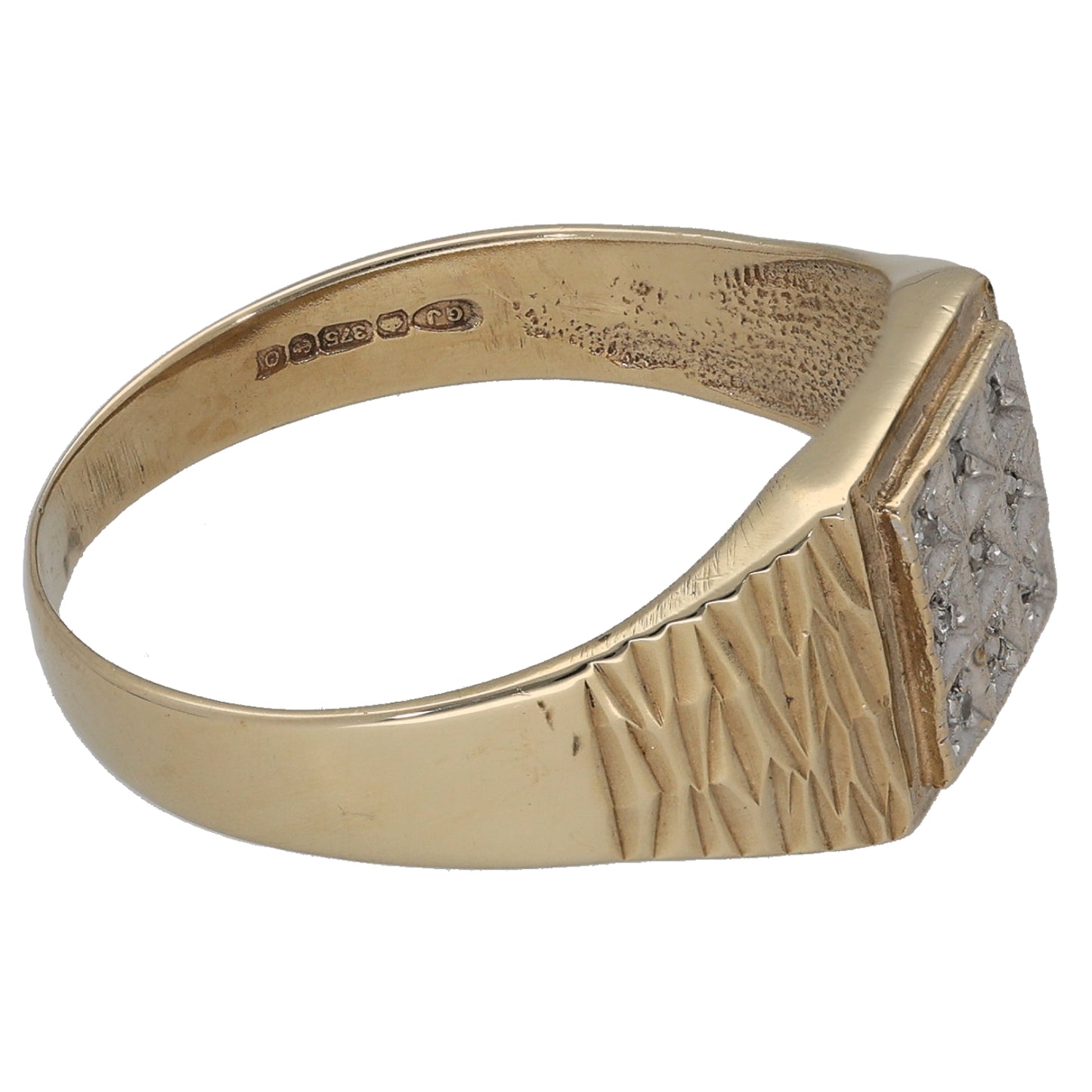 9ct Gold 0.045ct Diamond Patterned Signet Ring Size T