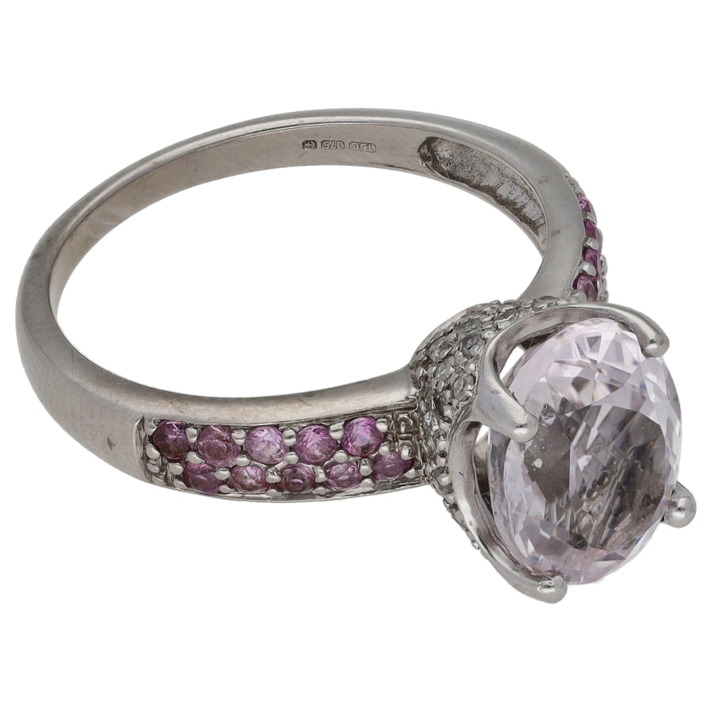 9ct White Gold Kunzite & Sapphire Single Stone Ring With Accents Size O