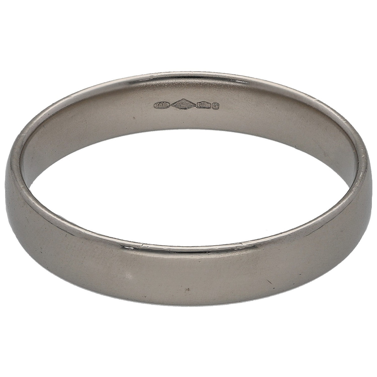 Platinum wedding band with inner hallmark markings on inside edge