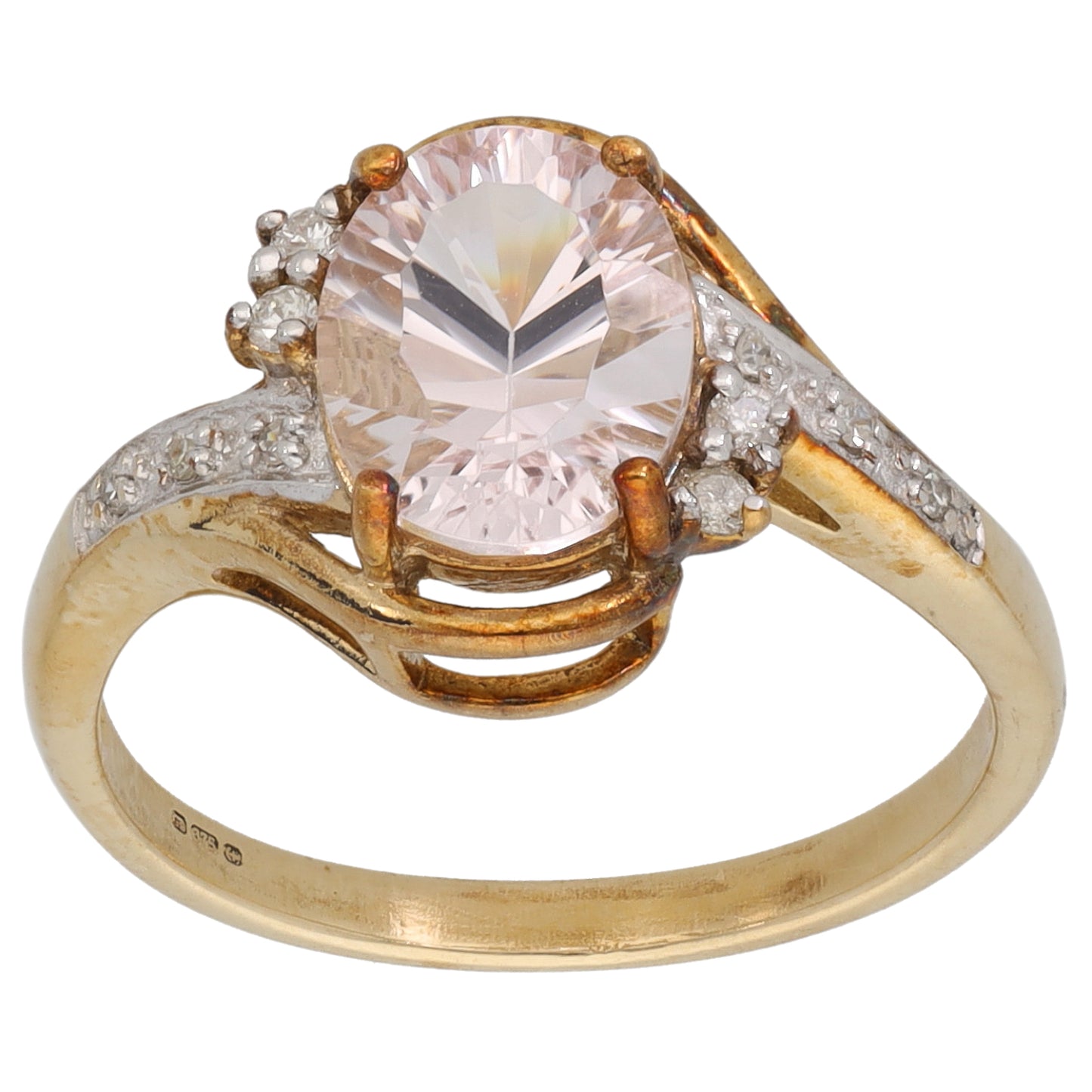9ct Gold Morganite & 0.07ct Diamond Single Stone Ring With Accents Size N