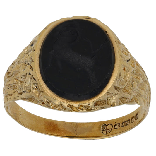 9ct Gold Onyx Patterned Single Stone Signet Ring Size M