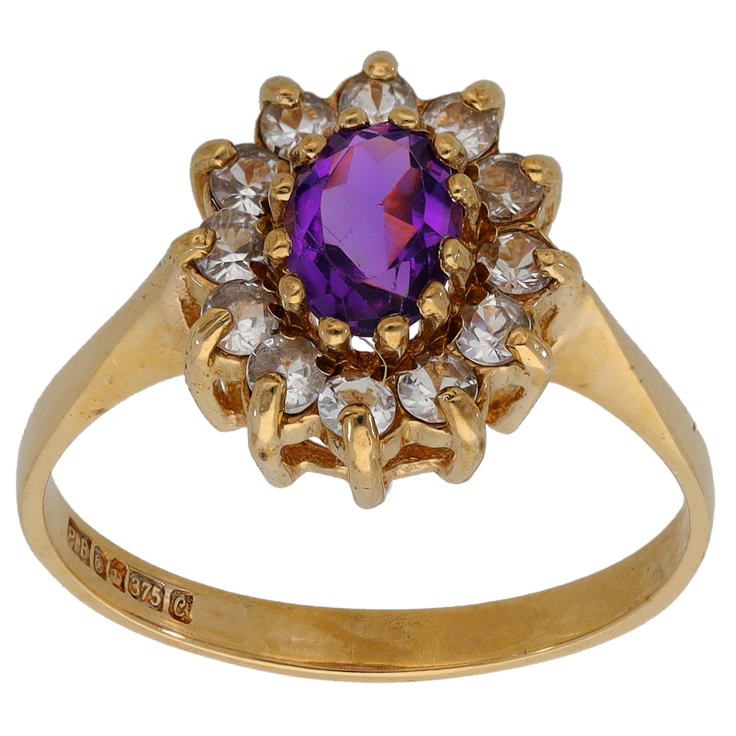 9ct Gold Amethyst & Imitation Gems Cluster Ring Size S