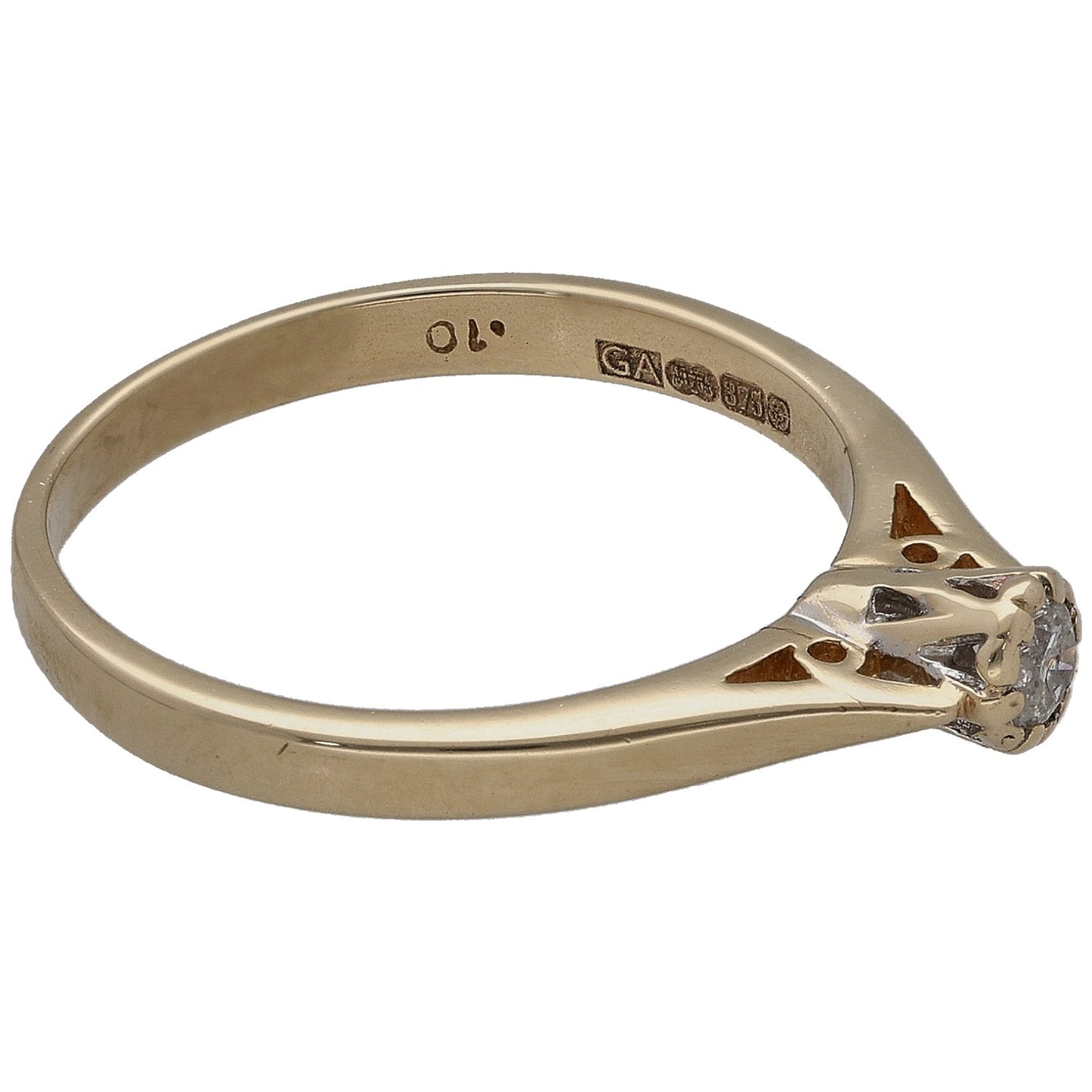 9ct gold solitaire ring side view with round diamond and hallmarks on band