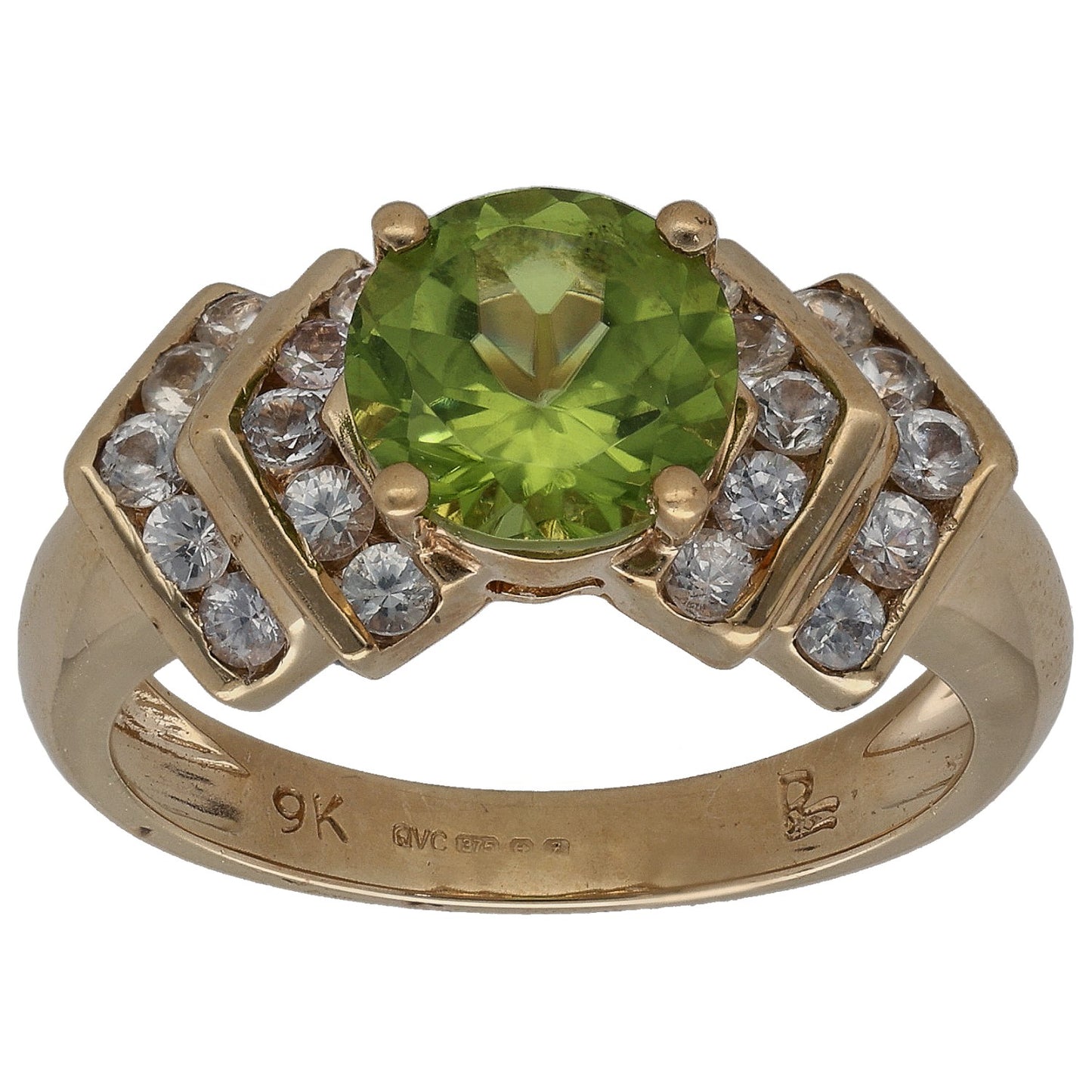 9ct gold ring with large green oval stone, clear side stones, and open split shoulders