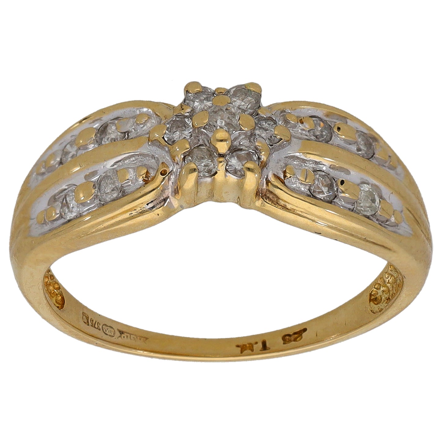 9ct gold ring with round diamond cluster top and scalloped sides