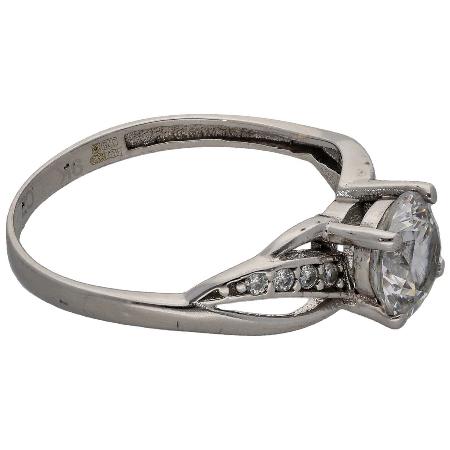 9ct White Gold Cubic Zirconia Single Stone Ring With Accents Size M