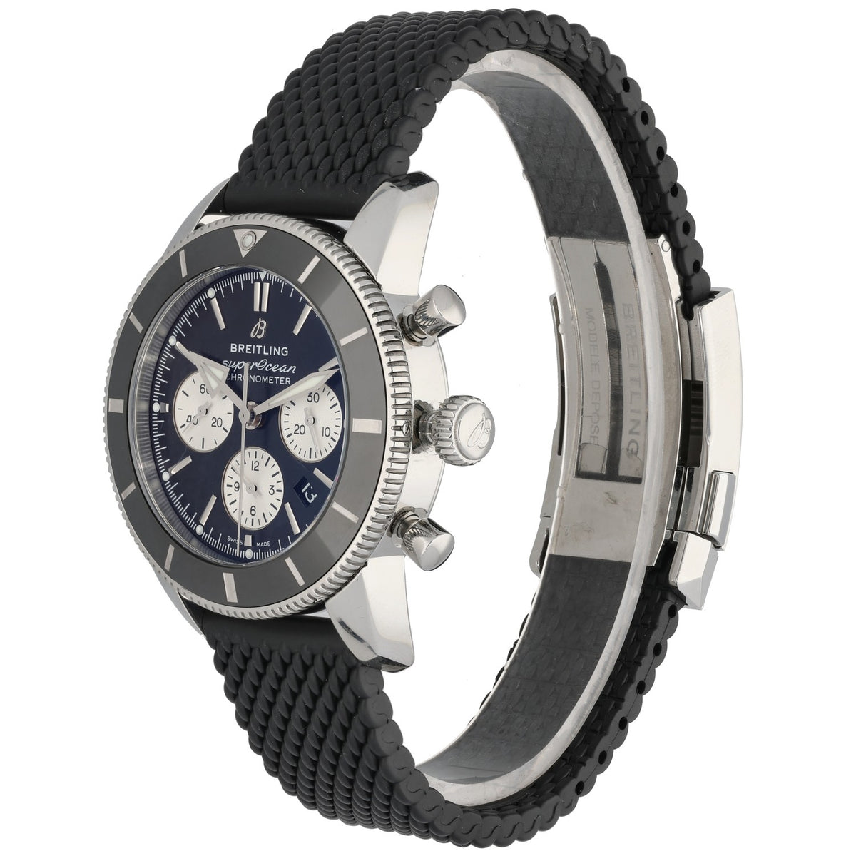 Breitling Vintage AB0162 Stainless steel watch case with navy dial and black woven strap, side view