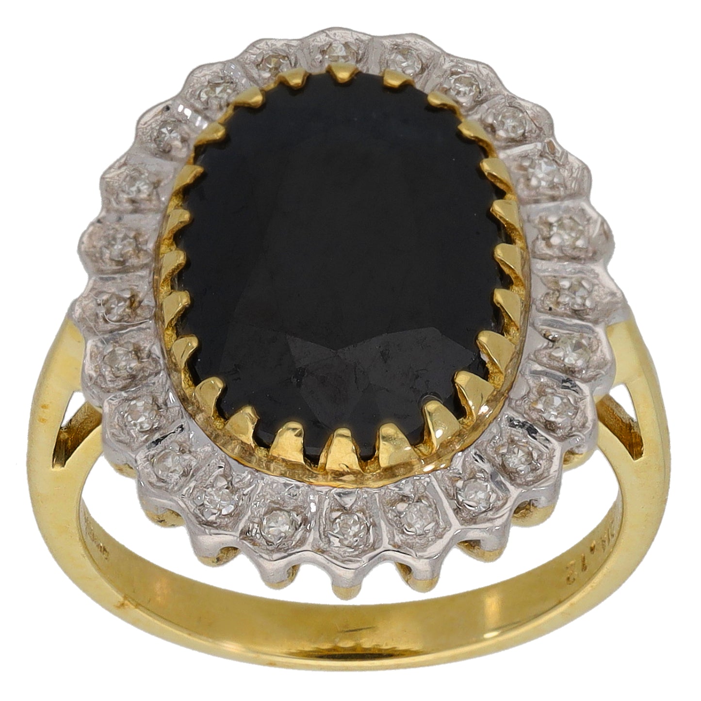 Gold cocktail ring with oval dark gemstone and diamond-like halo, scalloped edge