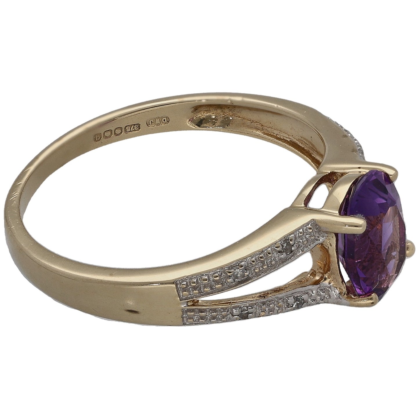 9ct Gold Amethyst & 0.04ct Diamond Single Stone Ring With Accents Size N